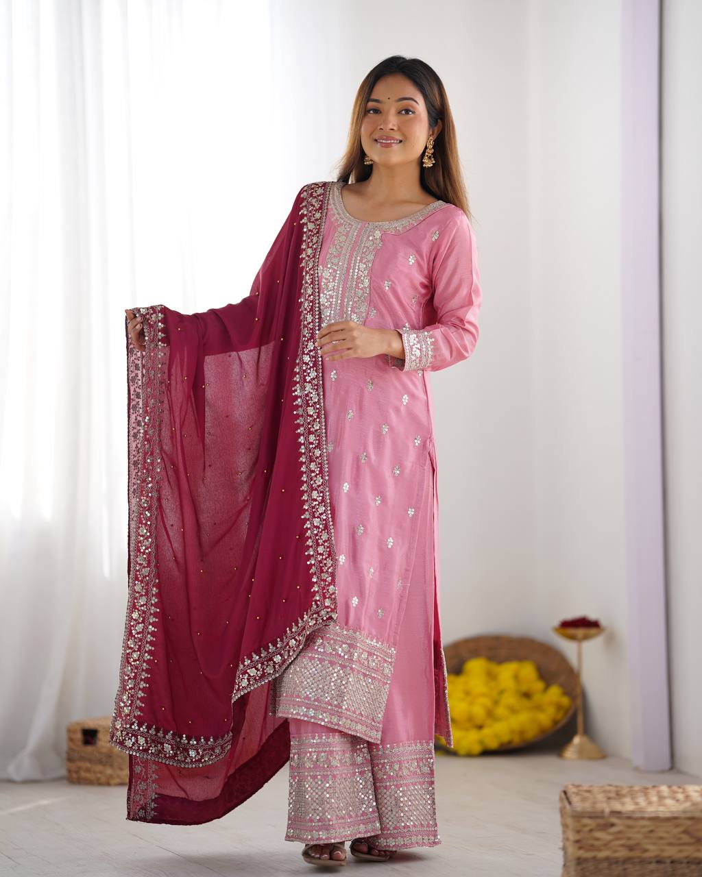 Festival Wear Chinon Top Bottom Dupatta Set with Heavy Embroidery Sequence Work
