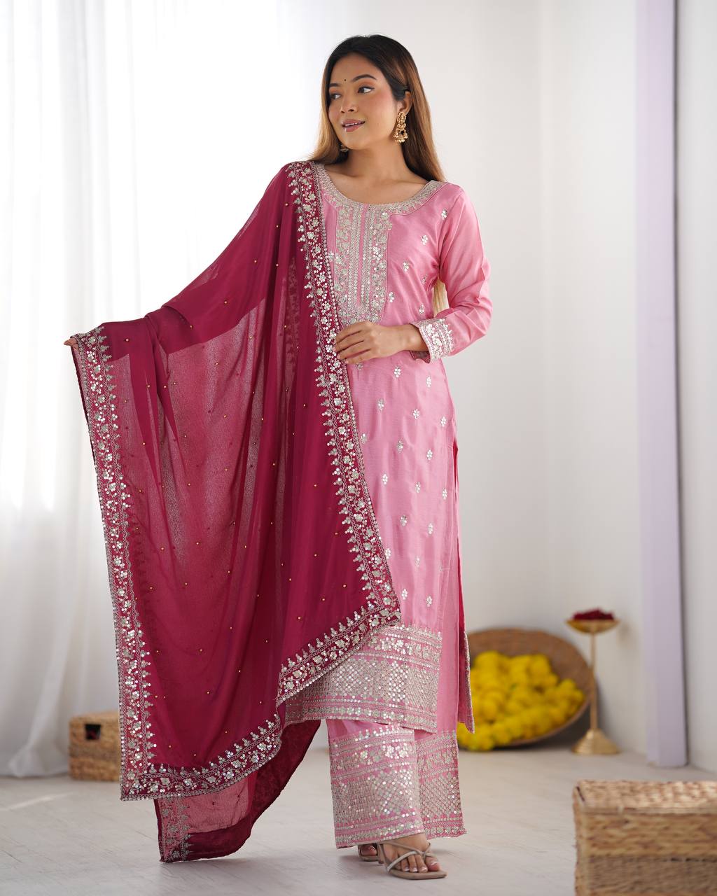Festival Wear Chinon Top Bottom Dupatta Set with Heavy Embroidery Sequence Work