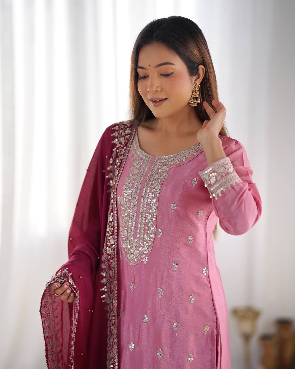 Festival Wear Chinon Top Bottom Dupatta Set with Heavy Embroidery Sequence Work