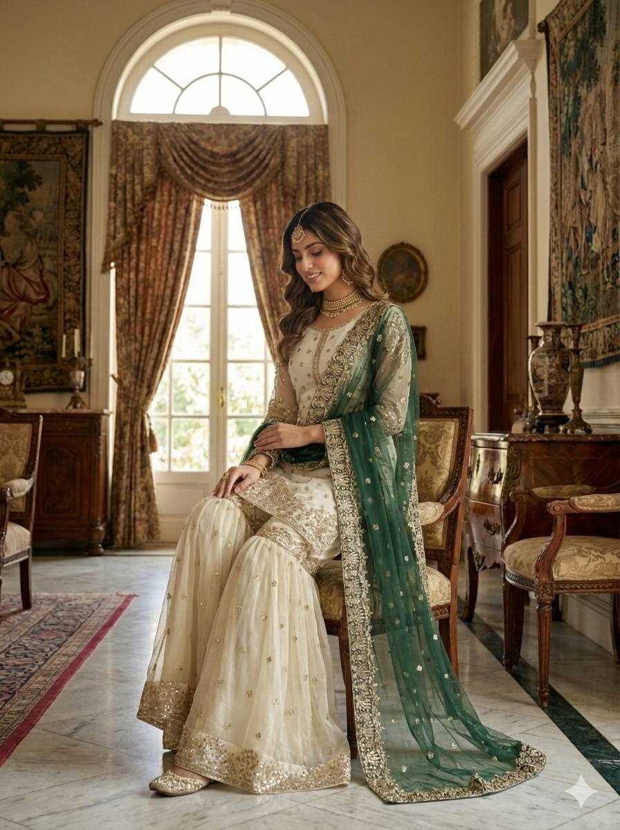 Eid Collection Pure Fendy Silk Top Bottom Dupatta Set with Heavy Embroidery Sequence Work
