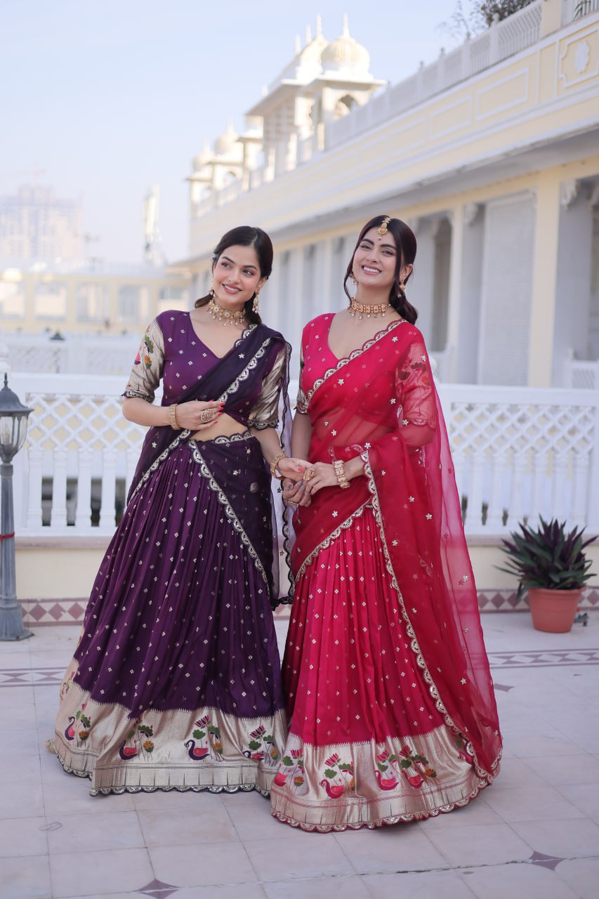Designer Dola Silk Lehenga Choli Dupatta Set with Meena Weaving & Sequins Work