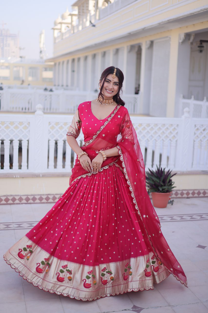 Designer Dola Silk Lehenga Choli Dupatta Set with Meena Weaving & Sequins Work