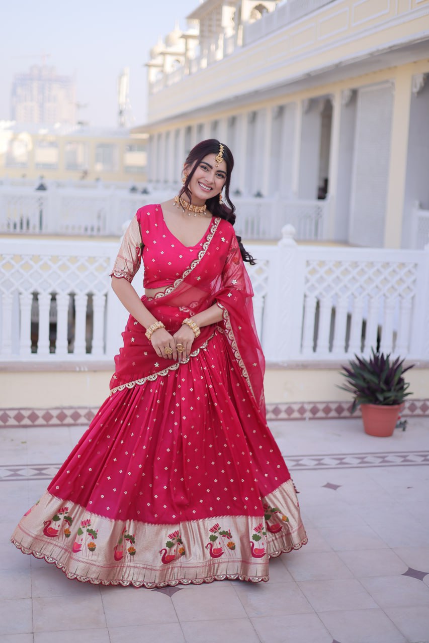 Designer Dola Silk Lehenga Choli Dupatta Set with Meena Weaving & Sequins Work