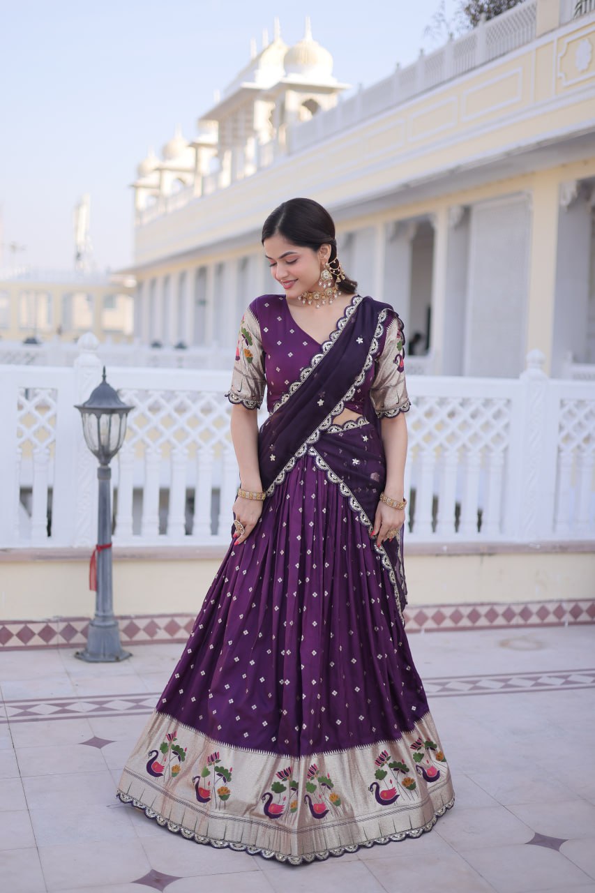 Designer Dola Silk Lehenga Choli Dupatta Set with Meena Weaving & Sequins Work