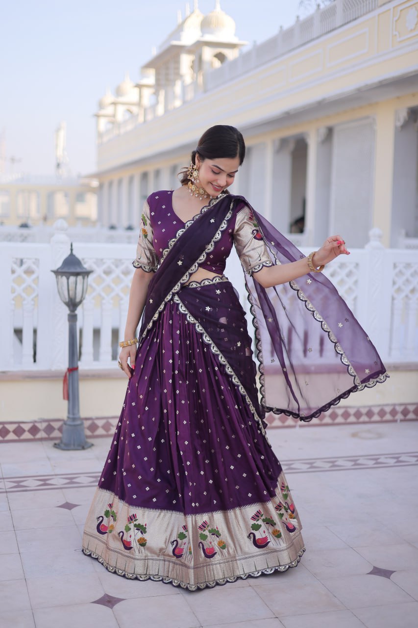 Designer Dola Silk Lehenga Choli Dupatta Set with Meena Weaving & Sequins Work