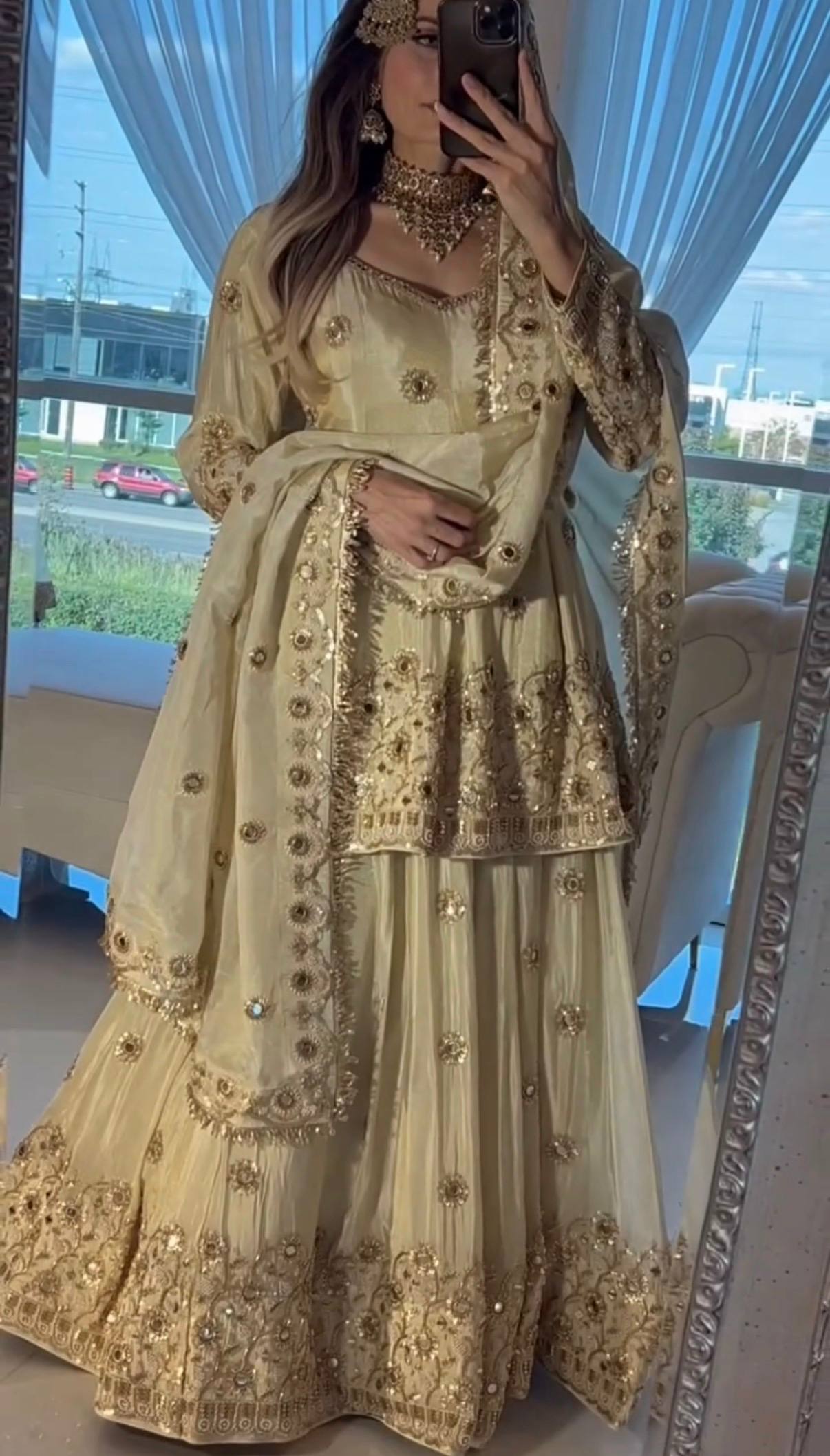 Premium Top Bottom Dupatta Set with Handcrafted Mirror & Beads Work