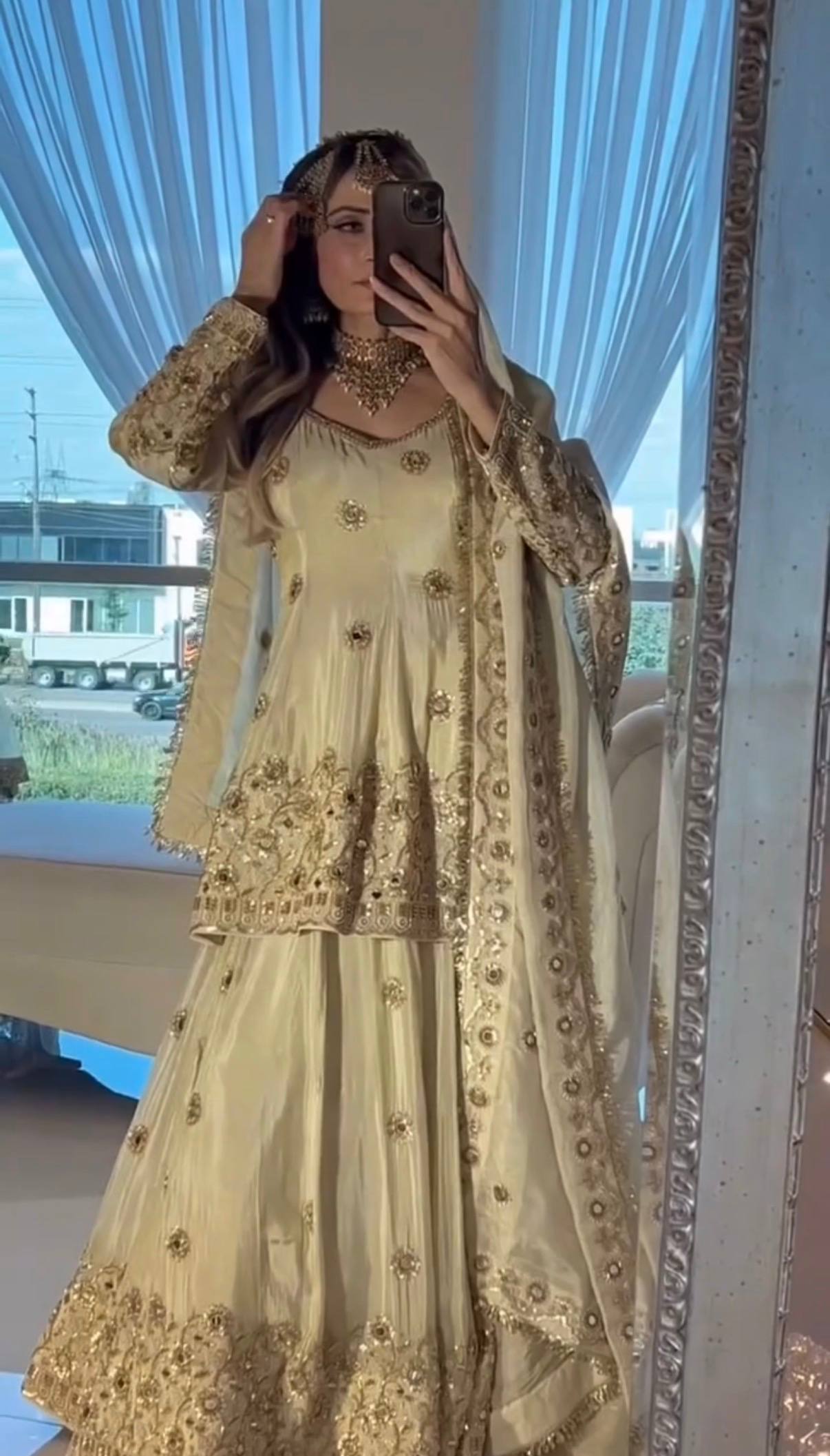 Premium Top Bottom Dupatta Set with Handcrafted Mirror & Beads Work