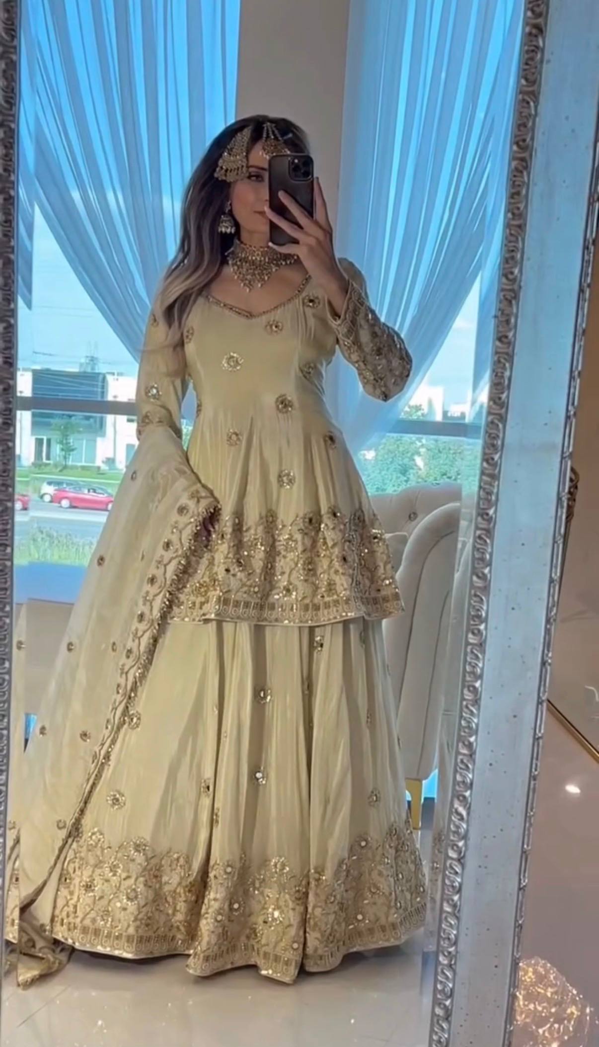 Premium Top Bottom Dupatta Set with Handcrafted Mirror & Beads Work