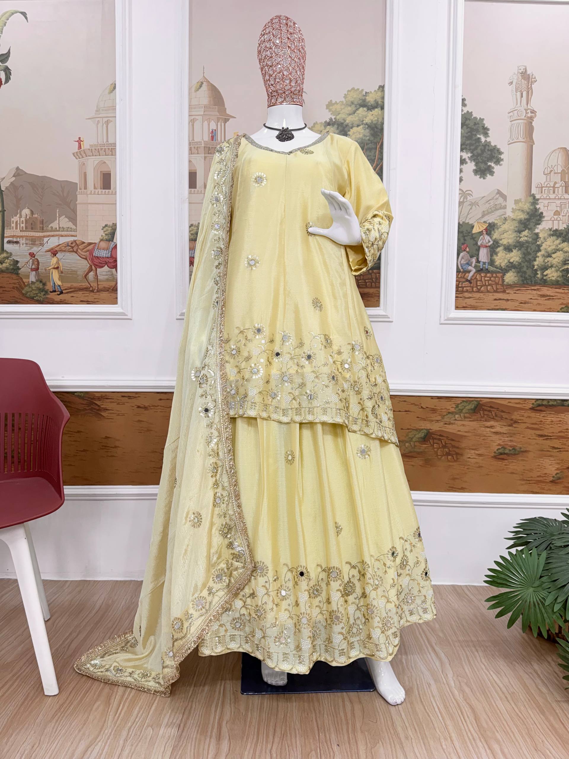 Premium Top Bottom Dupatta Set with Handcrafted Mirror & Beads Work