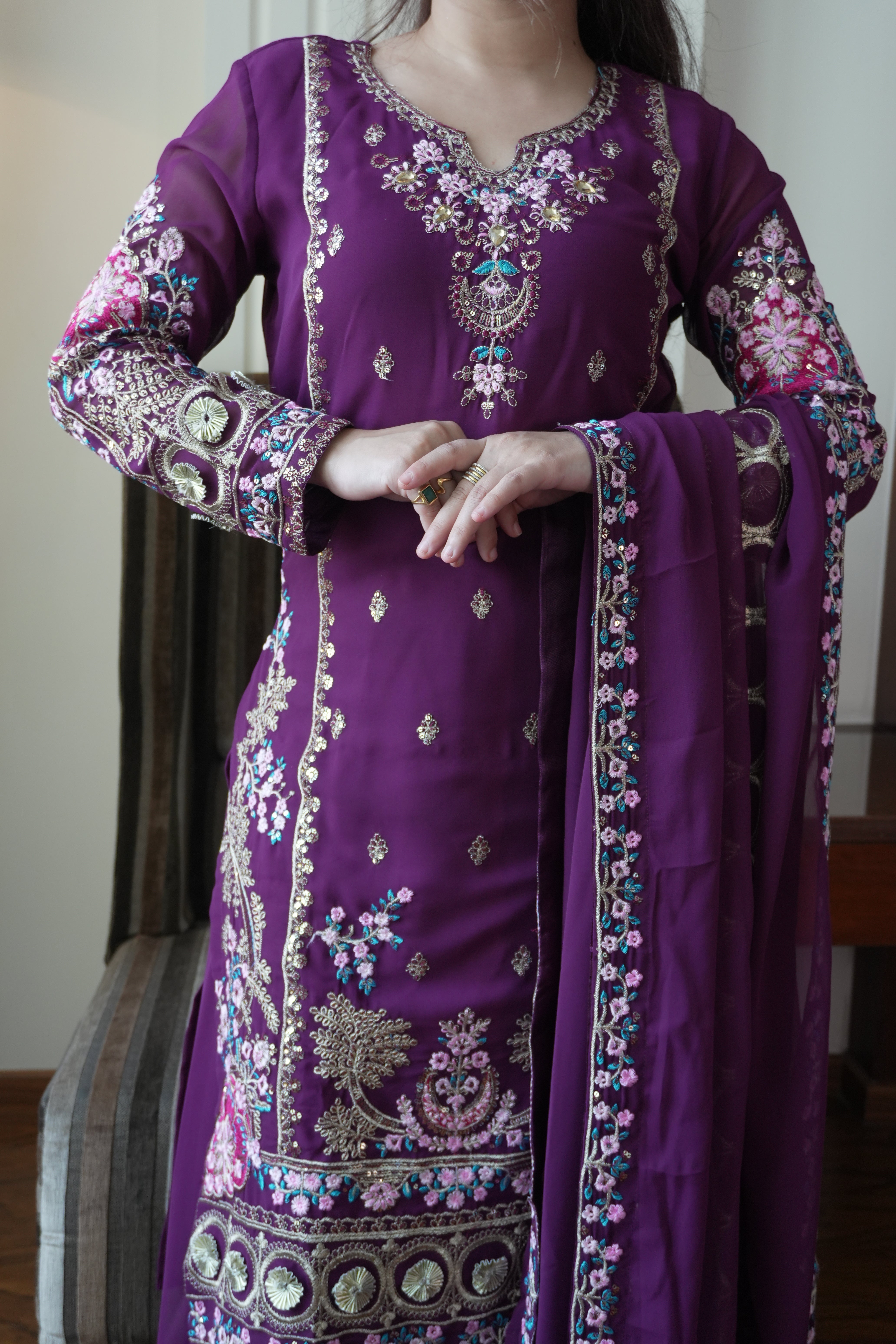 Luxury Indigo Gold Gown with Pant Set – Statement Designer Wear