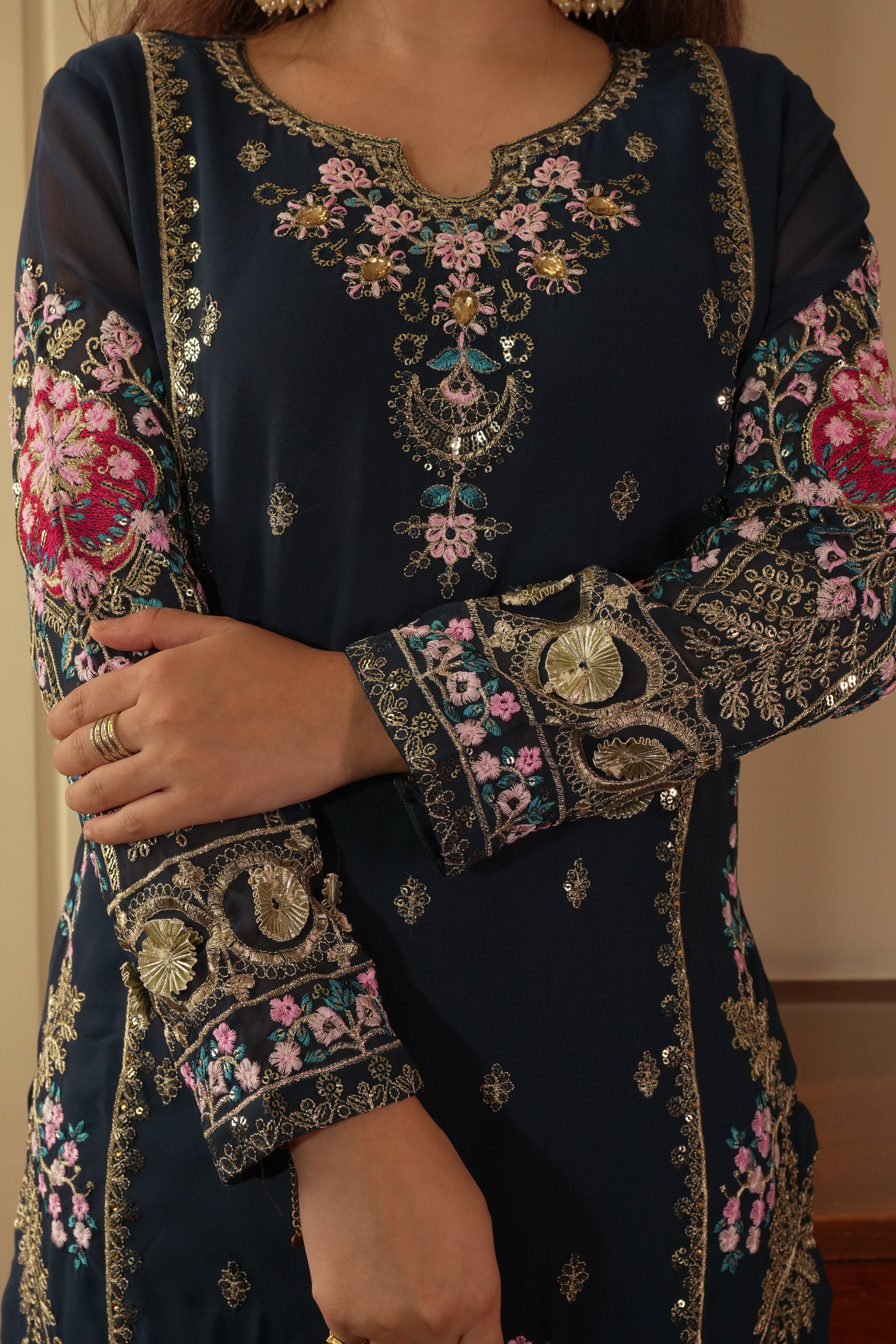 Luxury Indigo Gold Gown with Pant Set – Statement Designer Wear