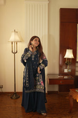 Luxury Indigo Gold Gown with Pant Set – Statement Designer Wear