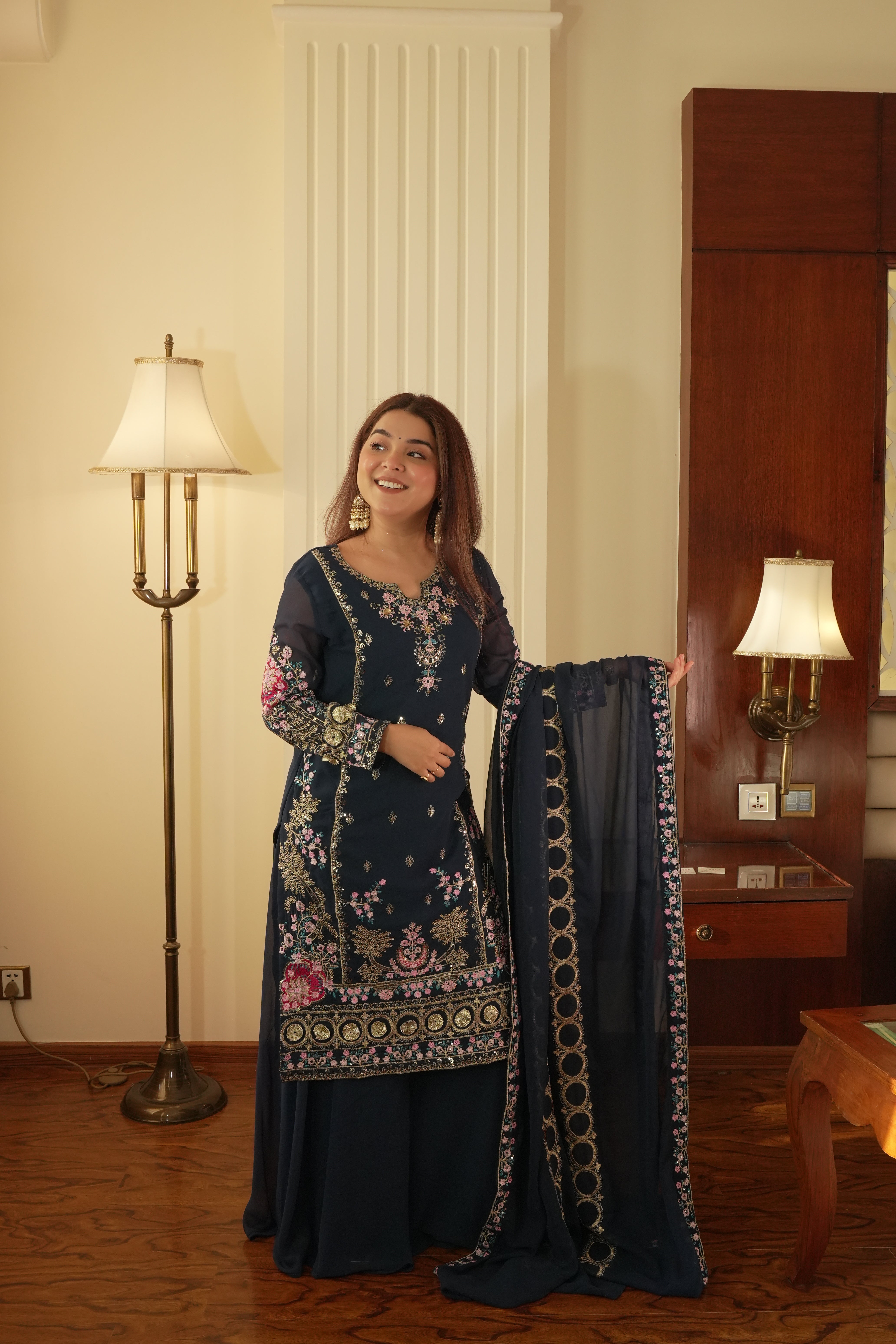 Luxury Indigo Gold Gown with Pant Set – Statement Designer Wear