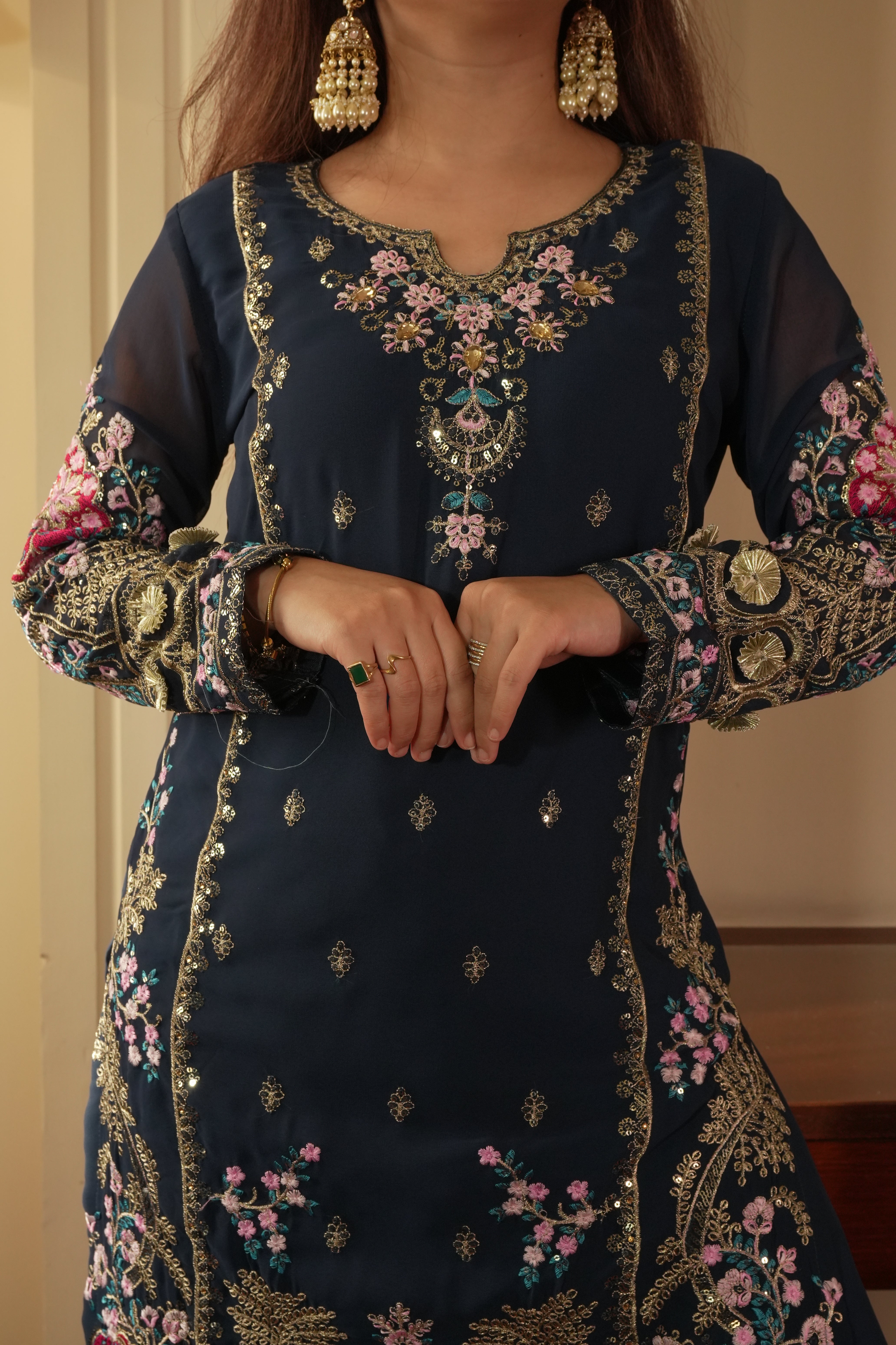 Luxury Indigo Gold Gown with Pant Set – Statement Designer Wear