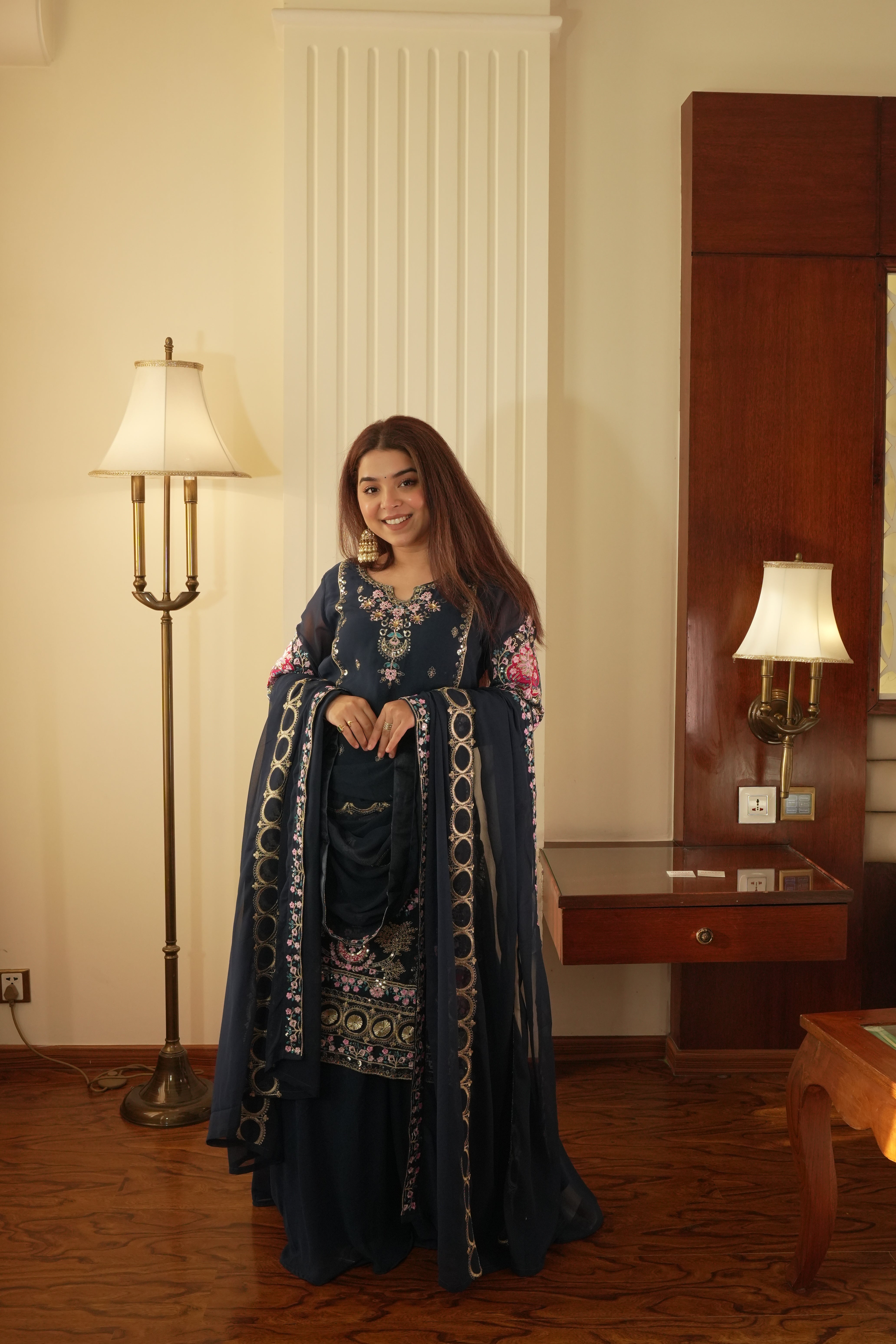 Luxury Indigo Gold Gown with Pant Set – Statement Designer Wear