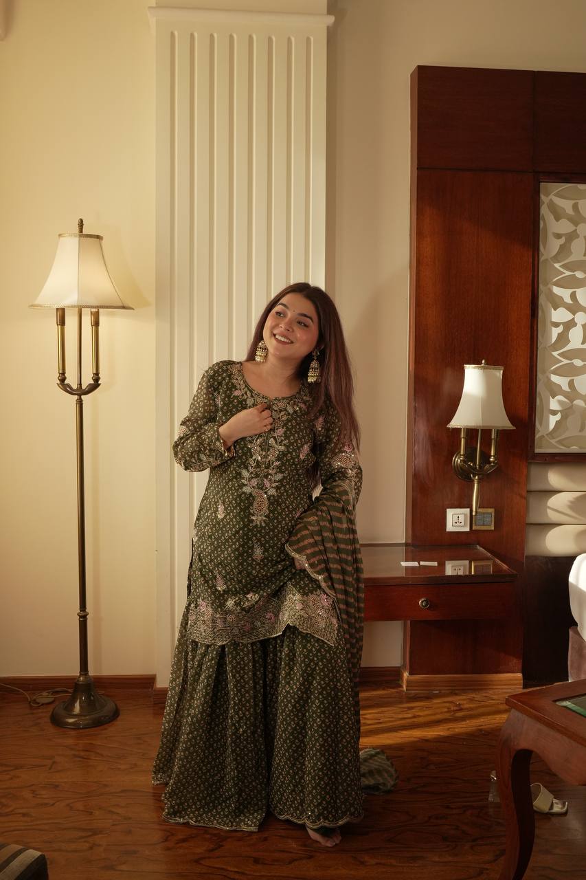 Designer Printed Chinon Kurti with Sharara & Embroidered Dupatta Set