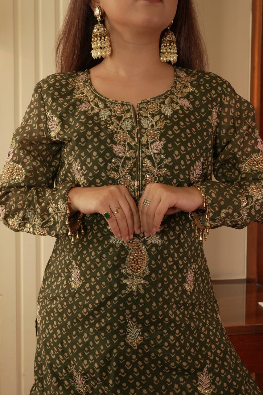 Designer Printed Chinon Kurti with Sharara & Embroidered Dupatta Set