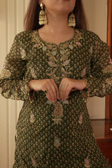 Designer Printed Chinon Kurti with Sharara & Embroidered Dupatta Set