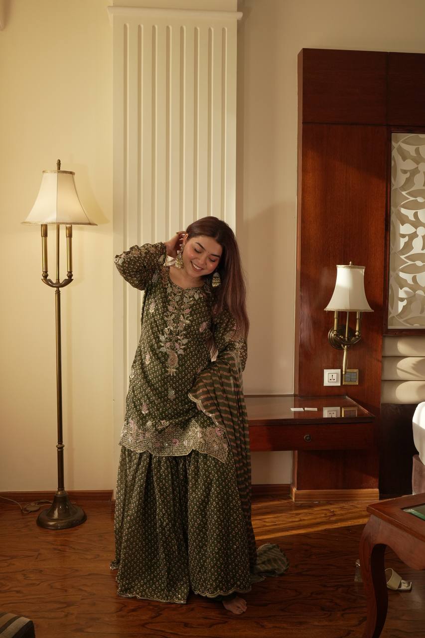 Designer Printed Chinon Kurti with Sharara & Embroidered Dupatta Set