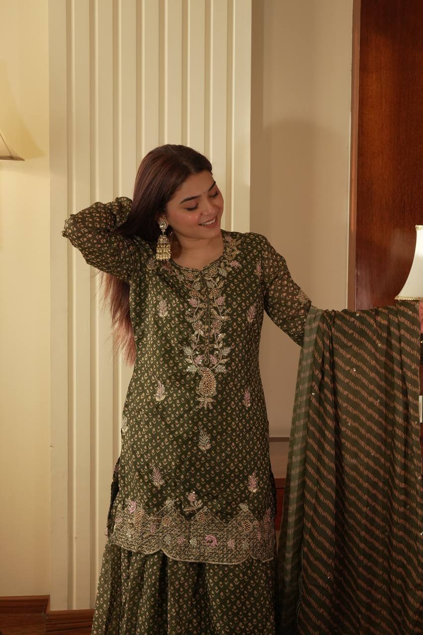 Designer Printed Chinon Kurti with Sharara & Embroidered Dupatta Set