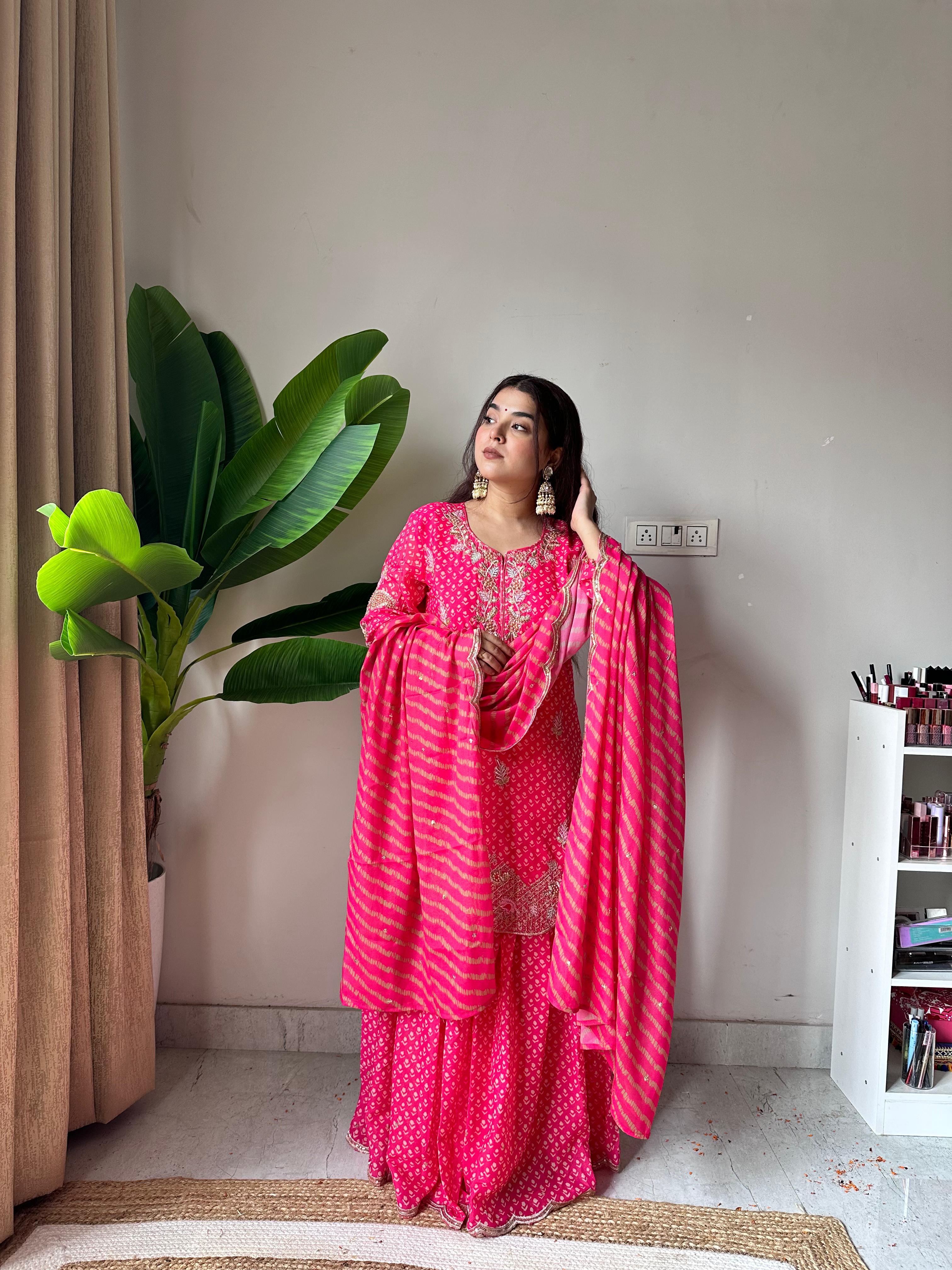 Designer Printed Chinon Kurti with Sharara & Embroidered Dupatta Set