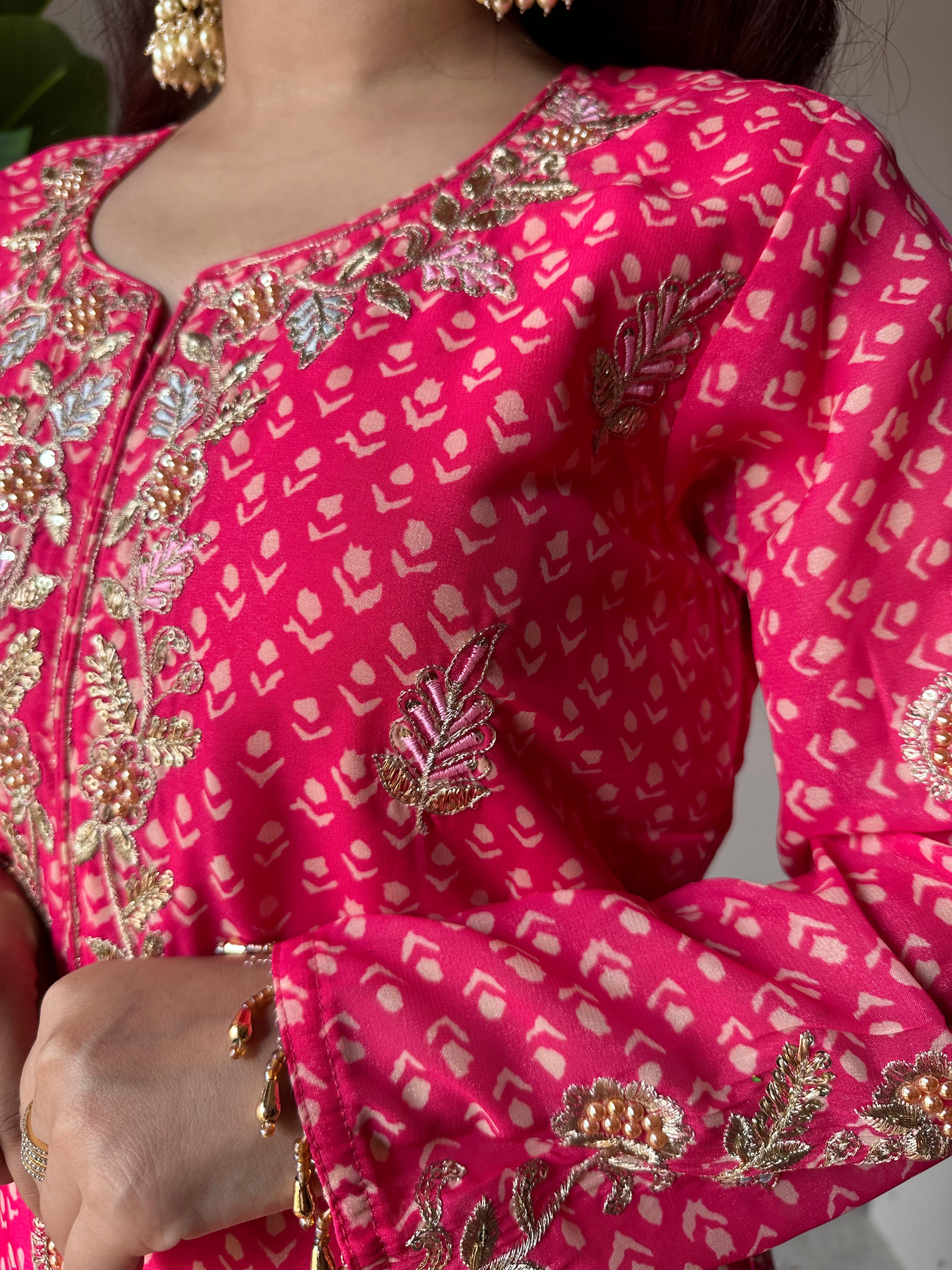 Designer Printed Chinon Kurti with Sharara & Embroidered Dupatta Set