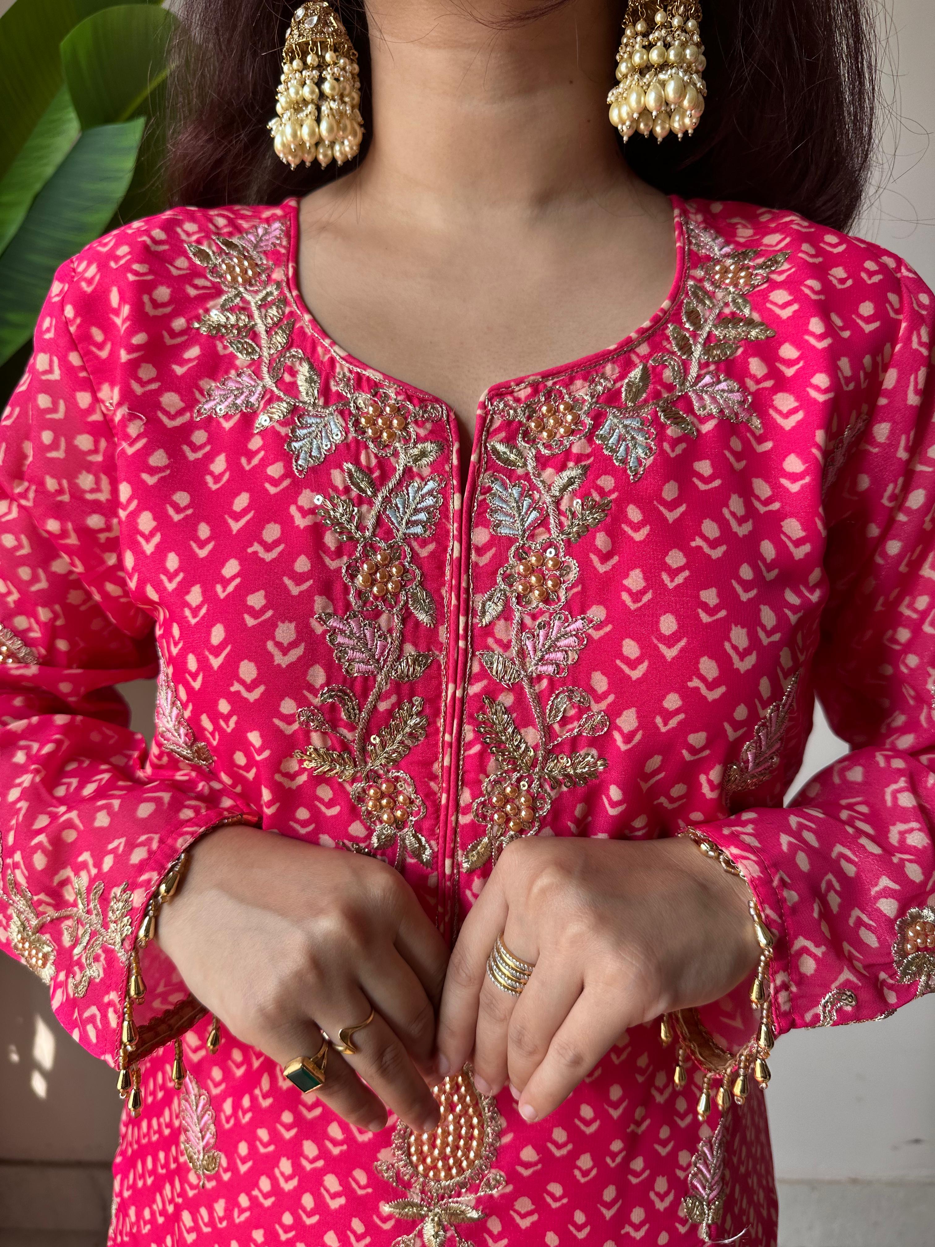 Designer Printed Chinon Kurti with Sharara & Embroidered Dupatta Set