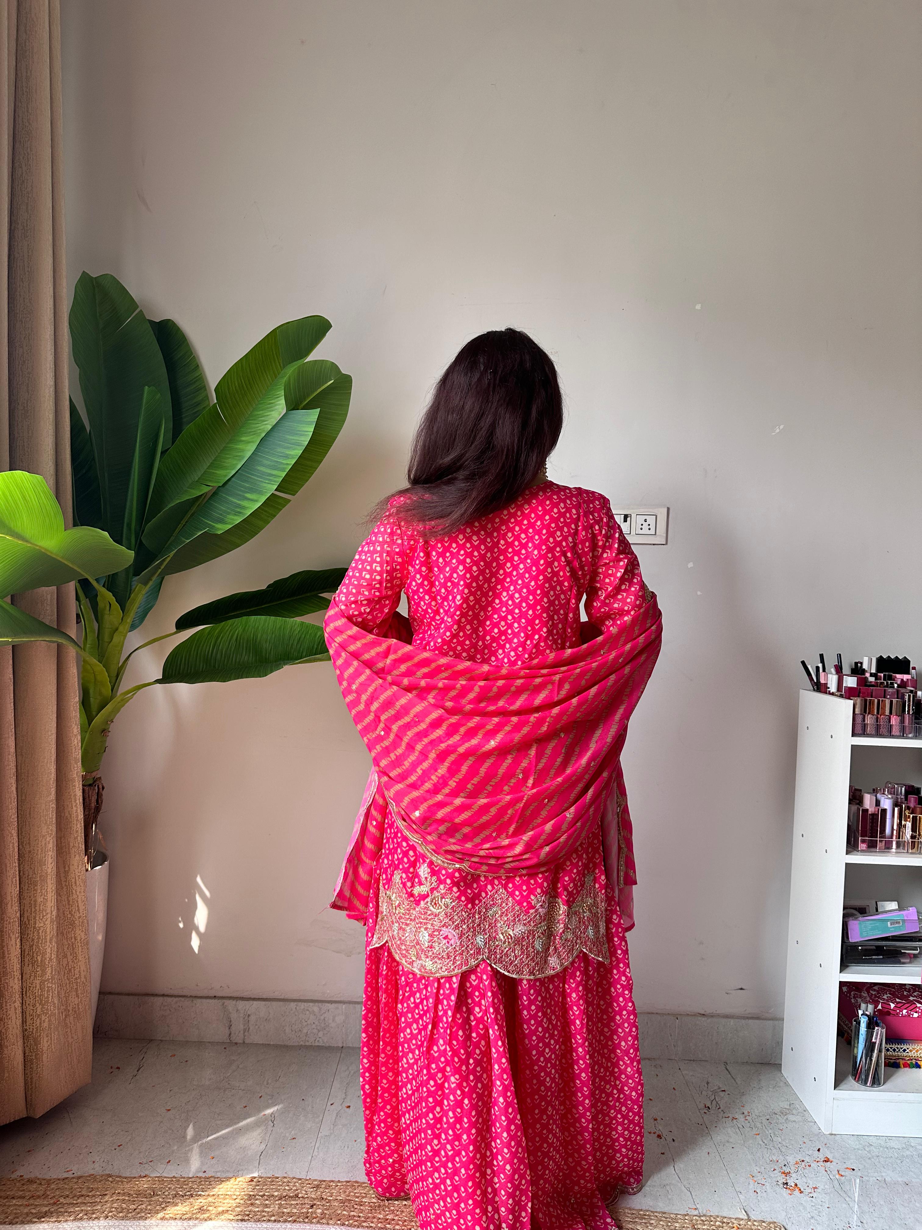 Designer Printed Chinon Kurti with Sharara & Embroidered Dupatta Set