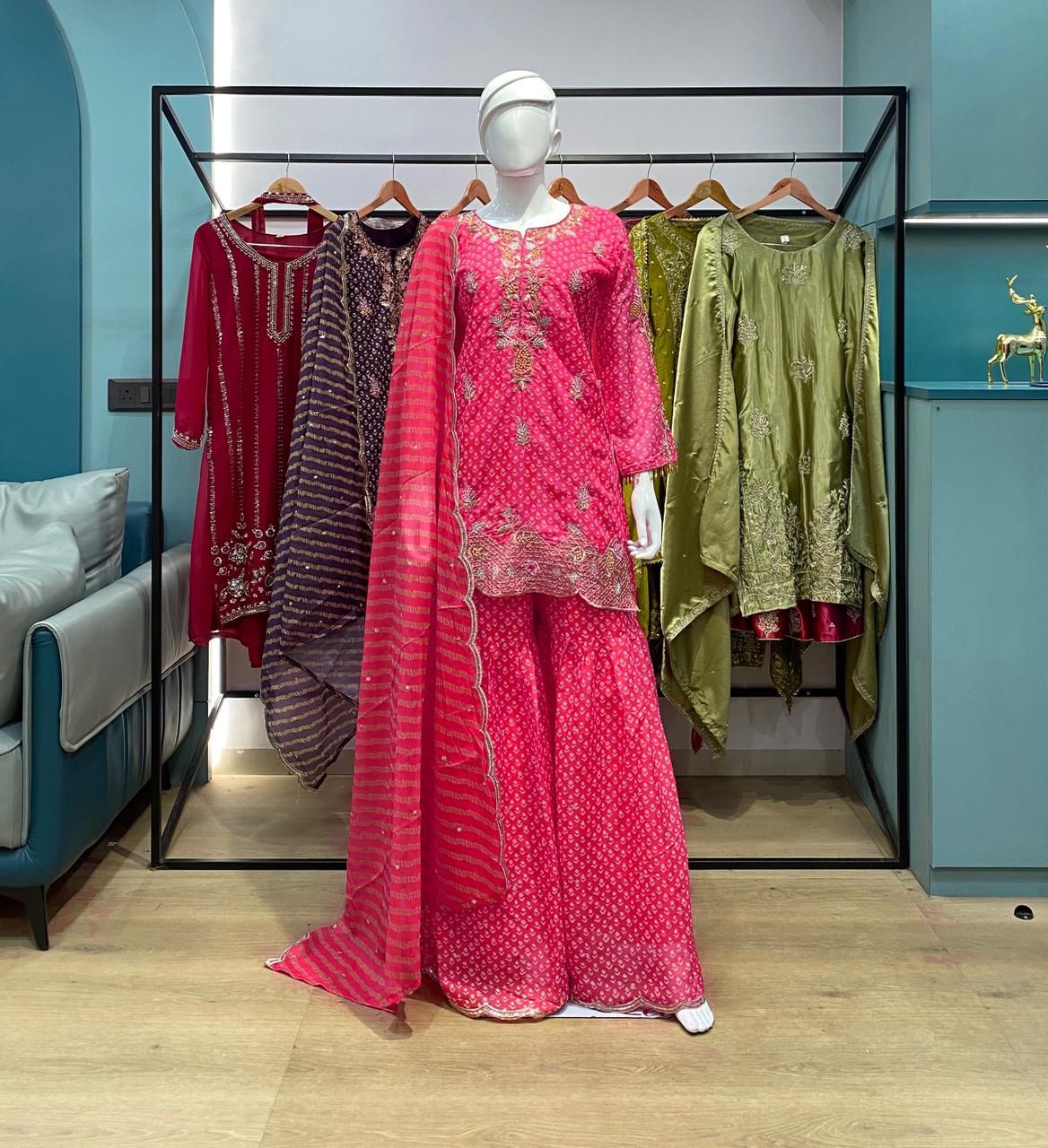 Designer Printed Chinon Kurti with Sharara & Embroidered Dupatta Set