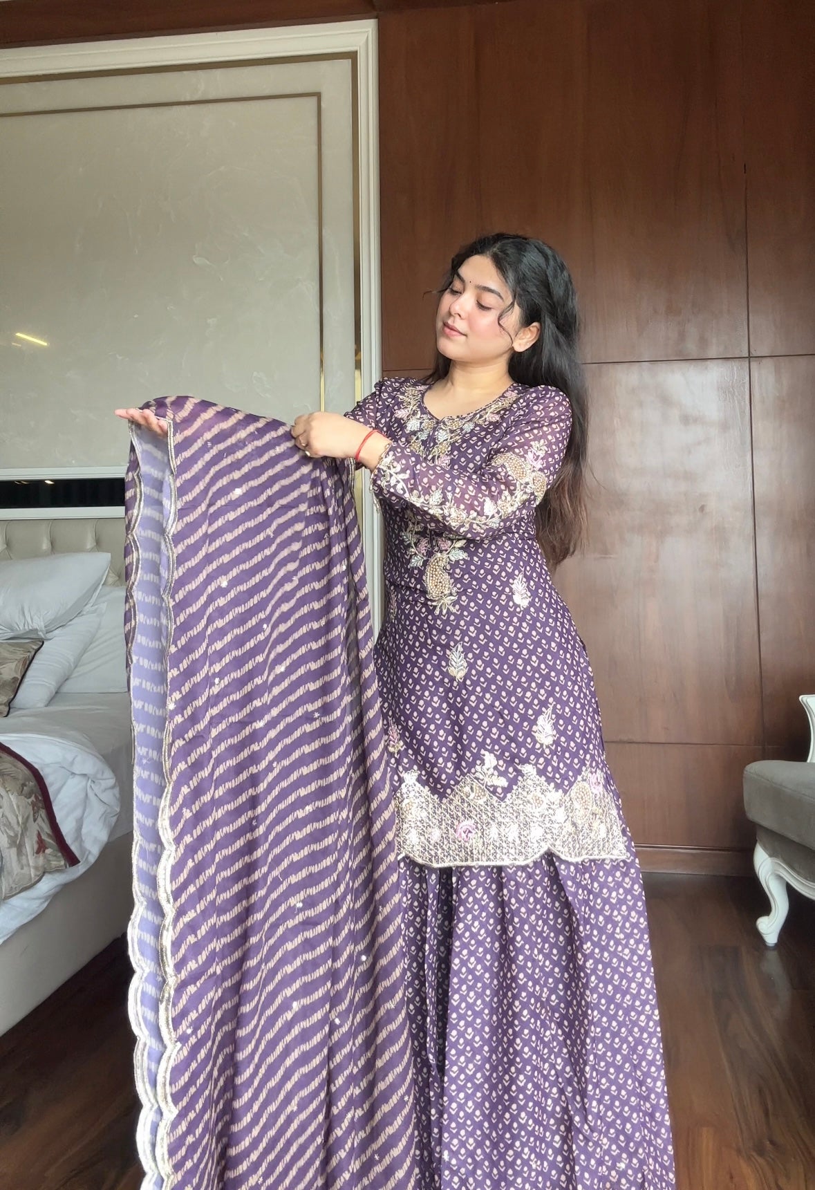 Designer Printed Chinon Kurti with Sharara & Embroidered Dupatta Set