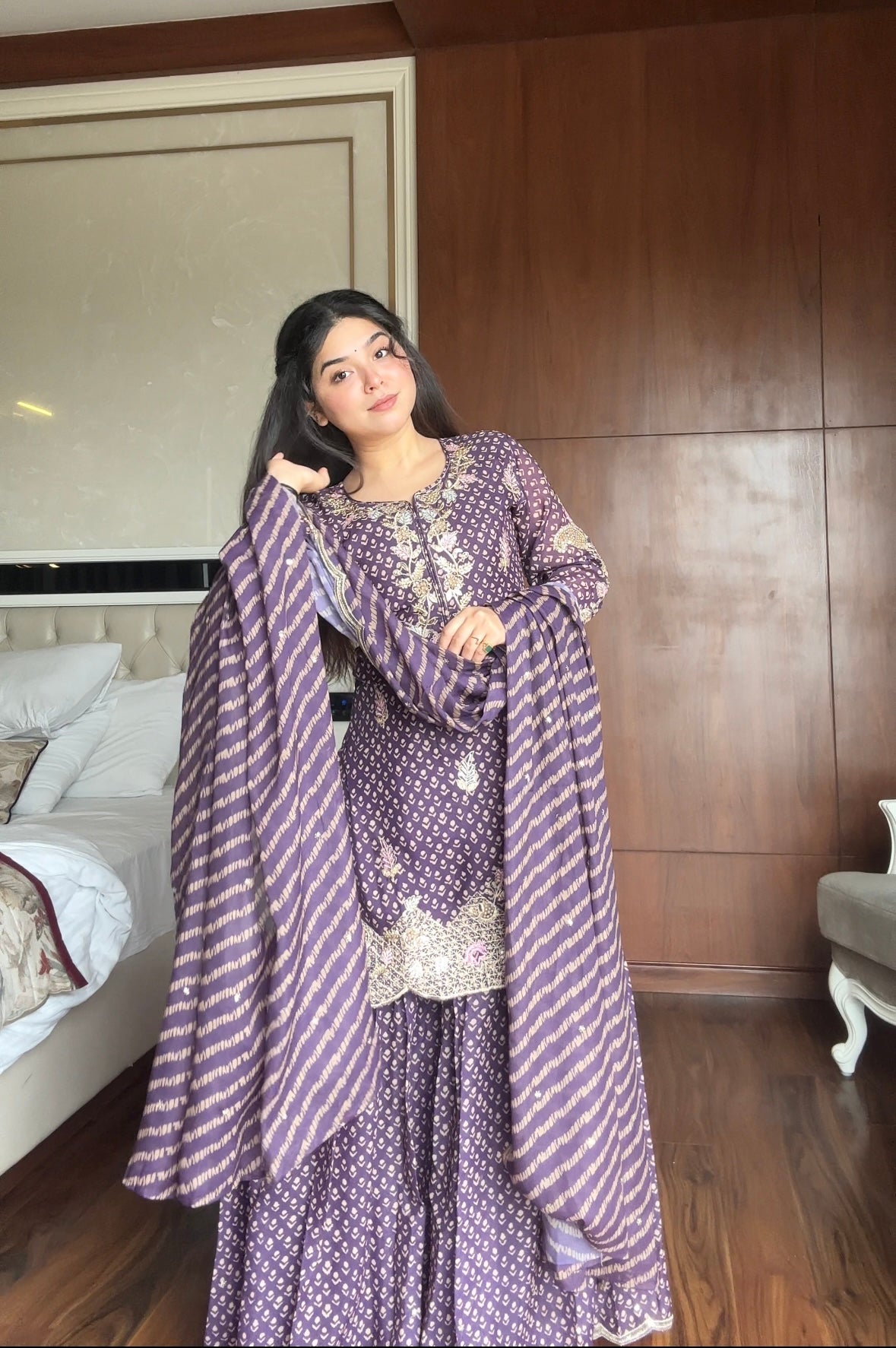 Designer Printed Chinon Kurti with Sharara & Embroidered Dupatta Set