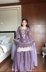 Designer Printed Chinon Kurti with Sharara & Embroidered Dupatta Set