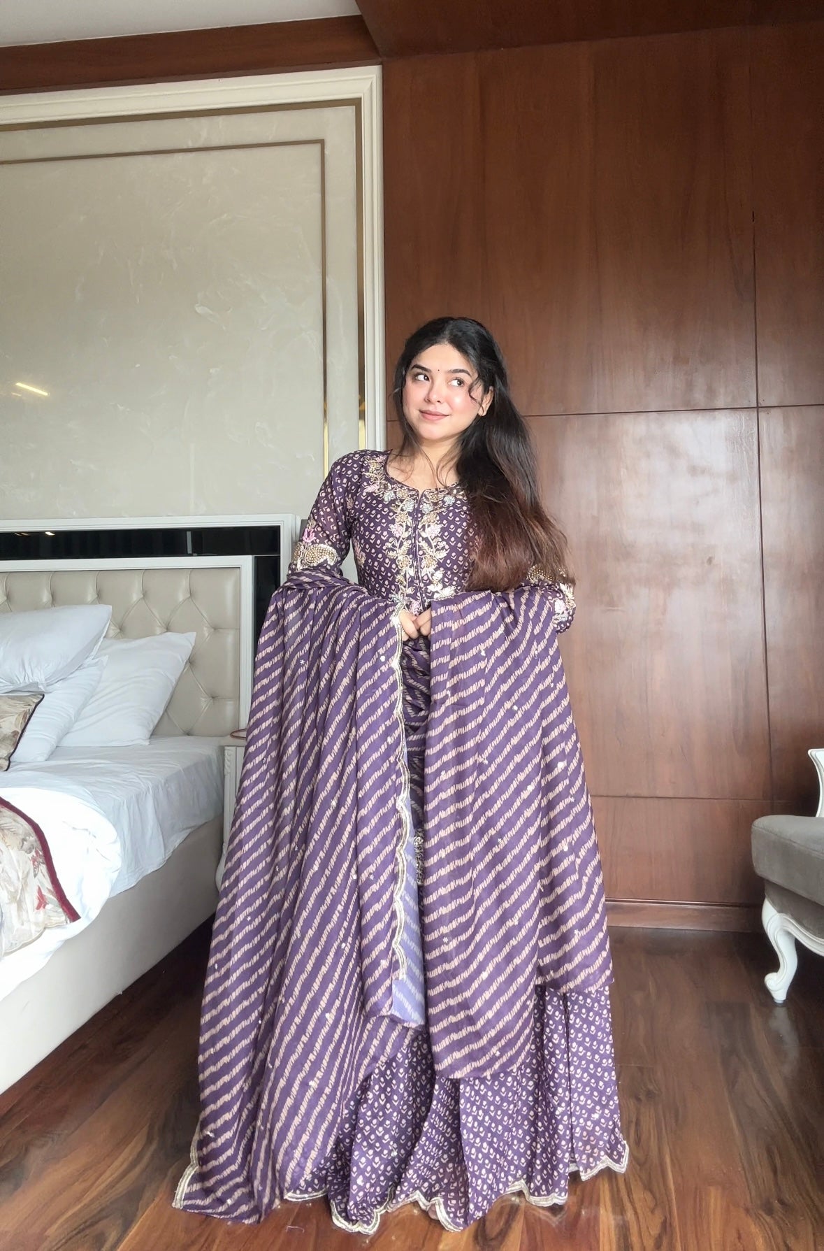 Designer Printed Chinon Kurti with Sharara & Embroidered Dupatta Set