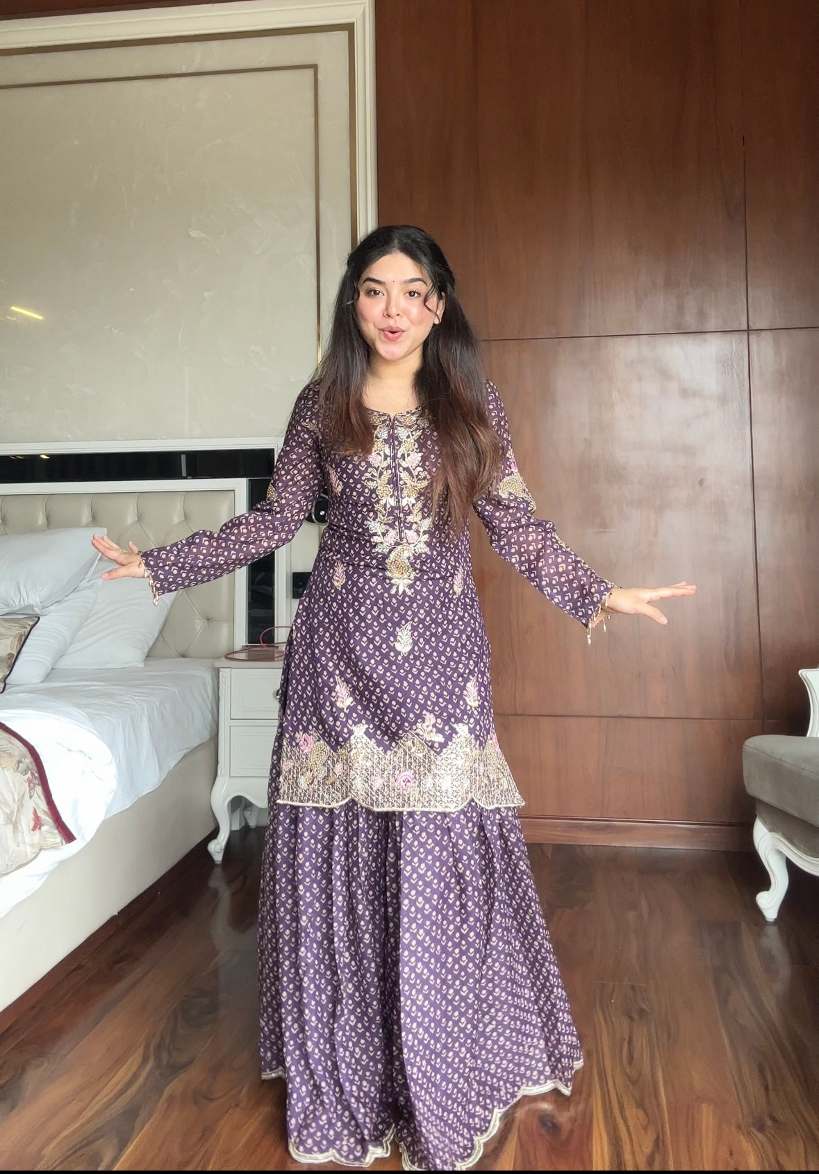 Designer Printed Chinon Kurti with Sharara & Embroidered Dupatta Set