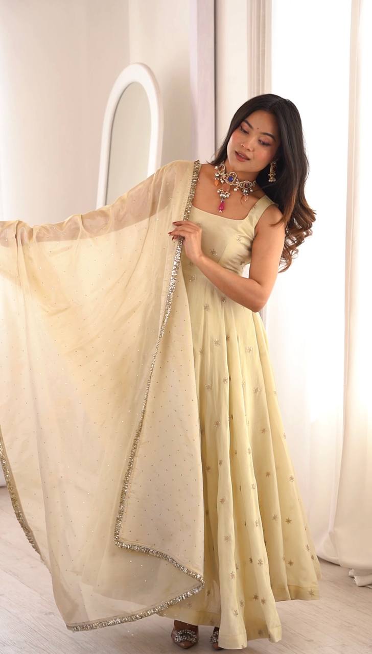 Premium Cosmos Gold Fully Stitched Gown Dupatta Set – Ready to Wear