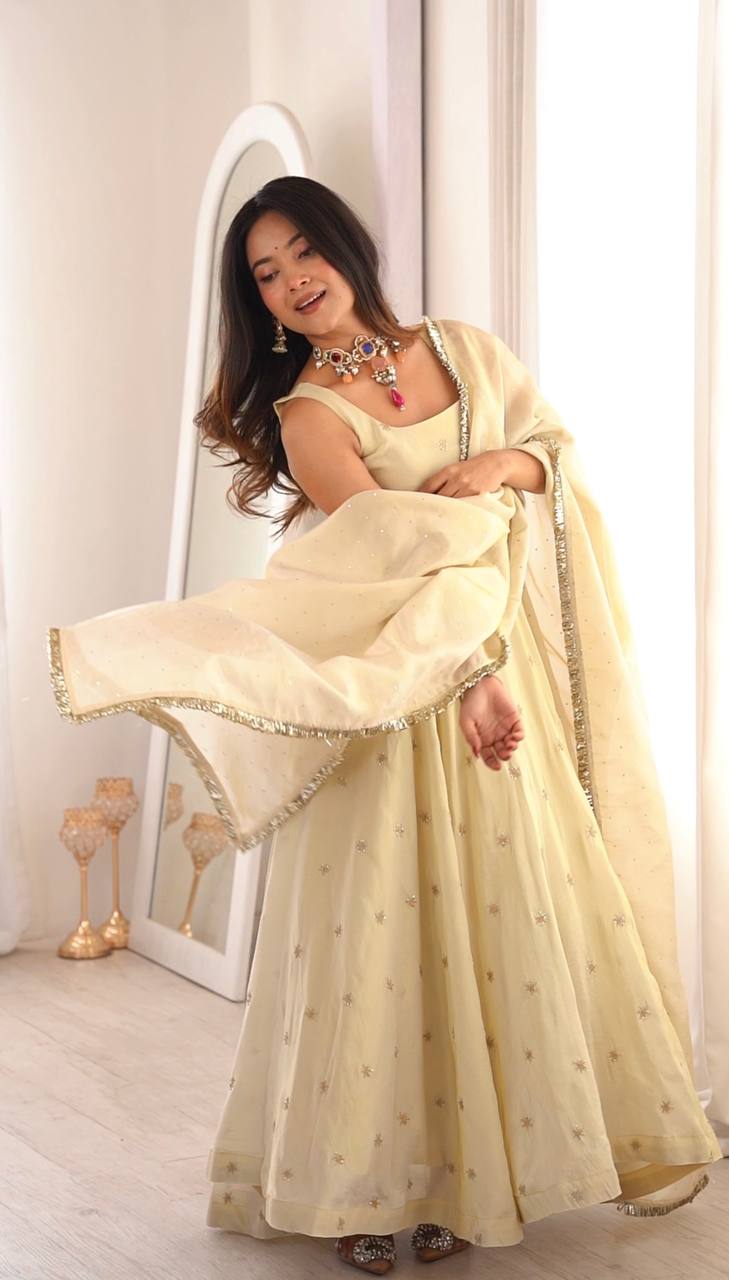 Premium Cosmos Gold Fully Stitched Gown Dupatta Set – Ready to Wear