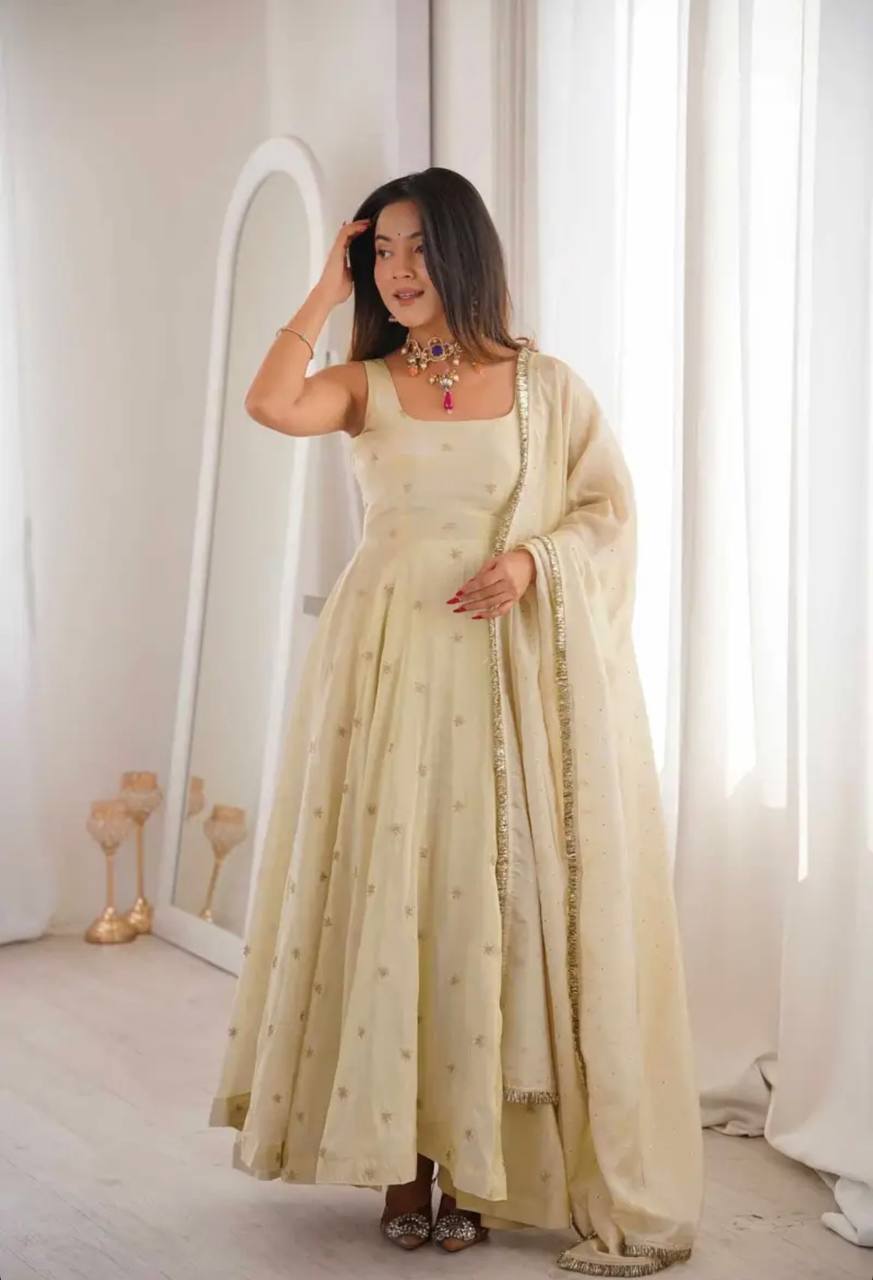 Premium Cosmos Gold Fully Stitched Gown Dupatta Set – Ready to Wear