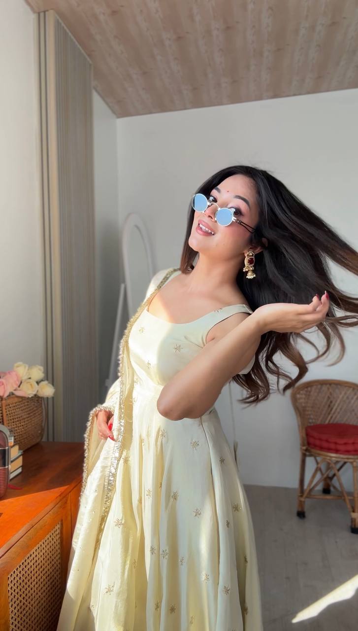 Premium Cosmos Gold Fully Stitched Gown Dupatta Set – Ready to Wear