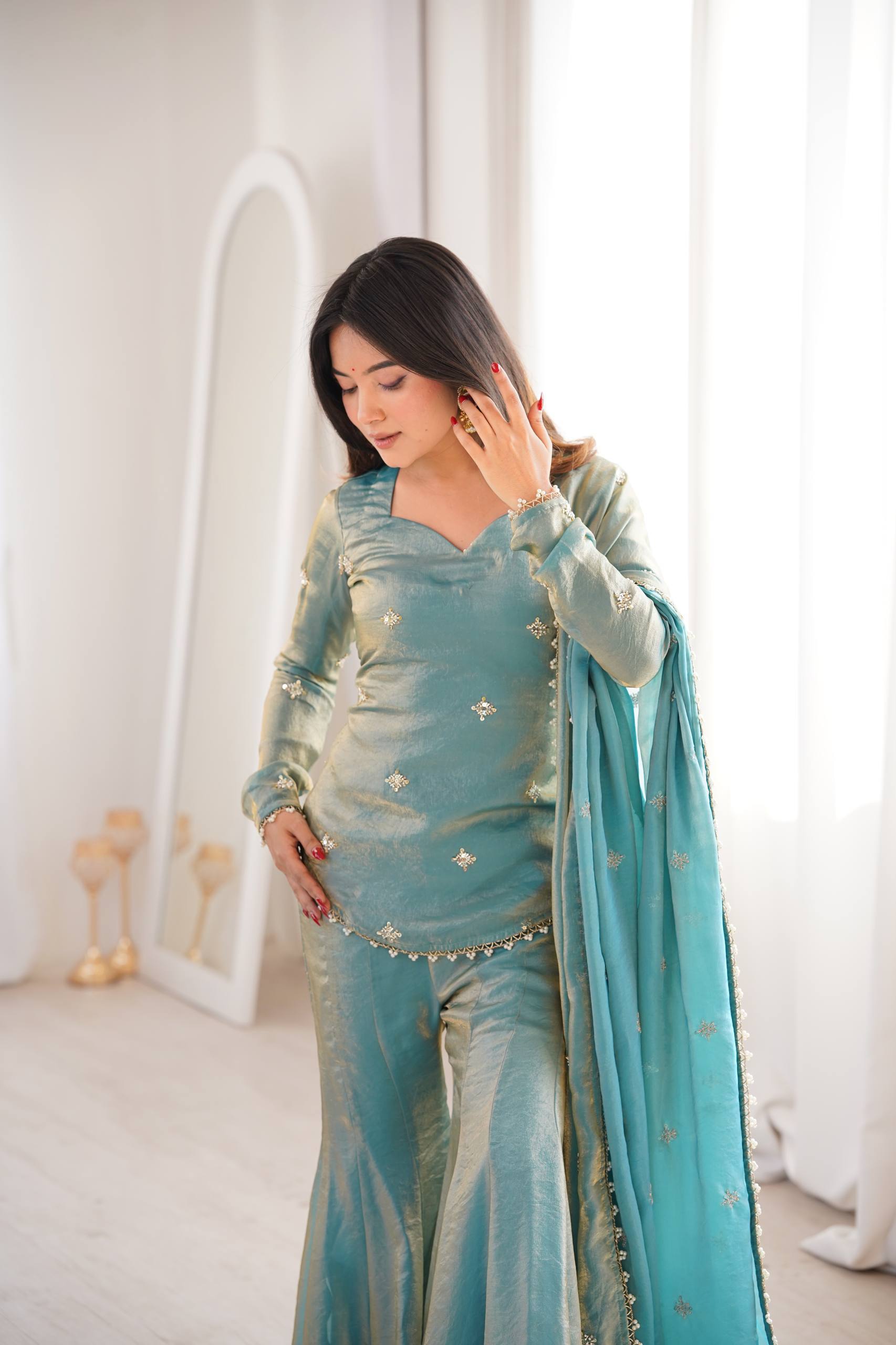 Designer Fendy Silk Top Sharara Palazzo Dupatta Set with Embroidery Sequence Work