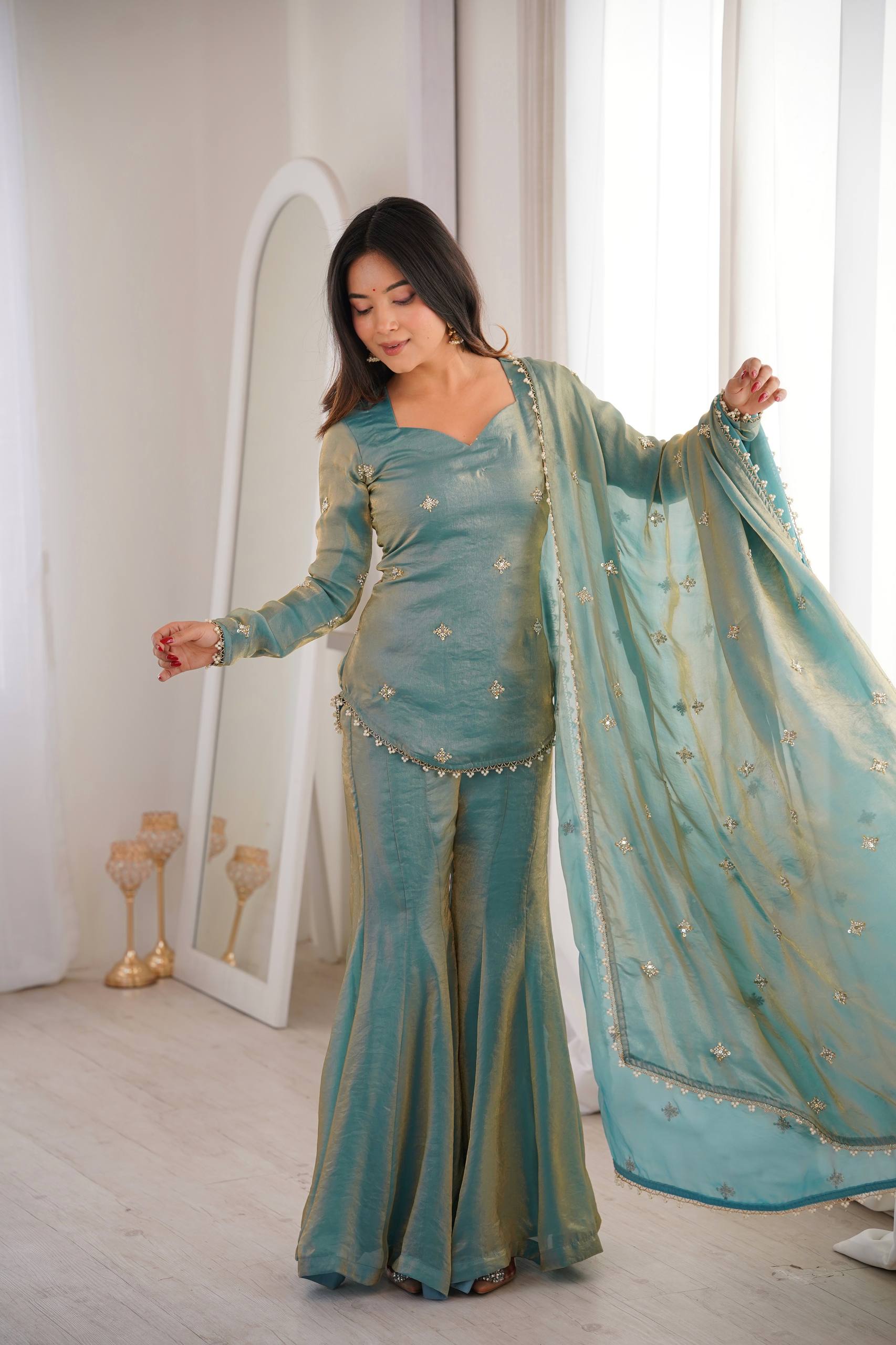 Designer Fendy Silk Top Sharara Palazzo Dupatta Set with Embroidery Sequence Work