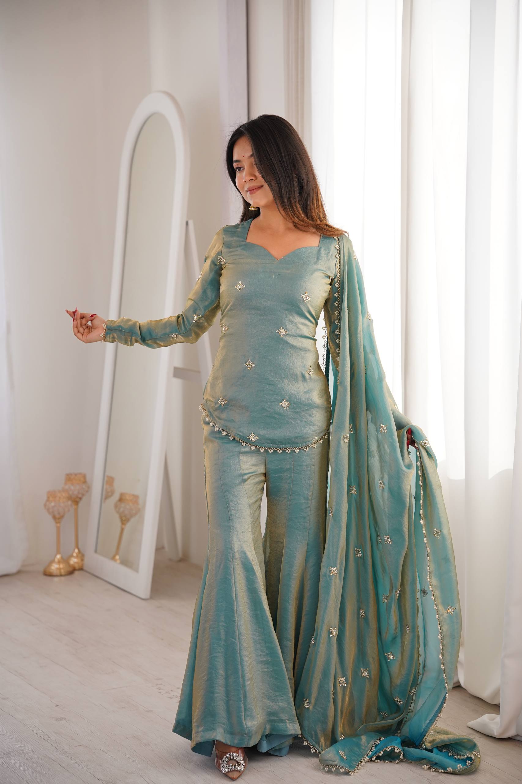 Designer Fendy Silk Top Sharara Palazzo Dupatta Set with Embroidery Sequence Work
