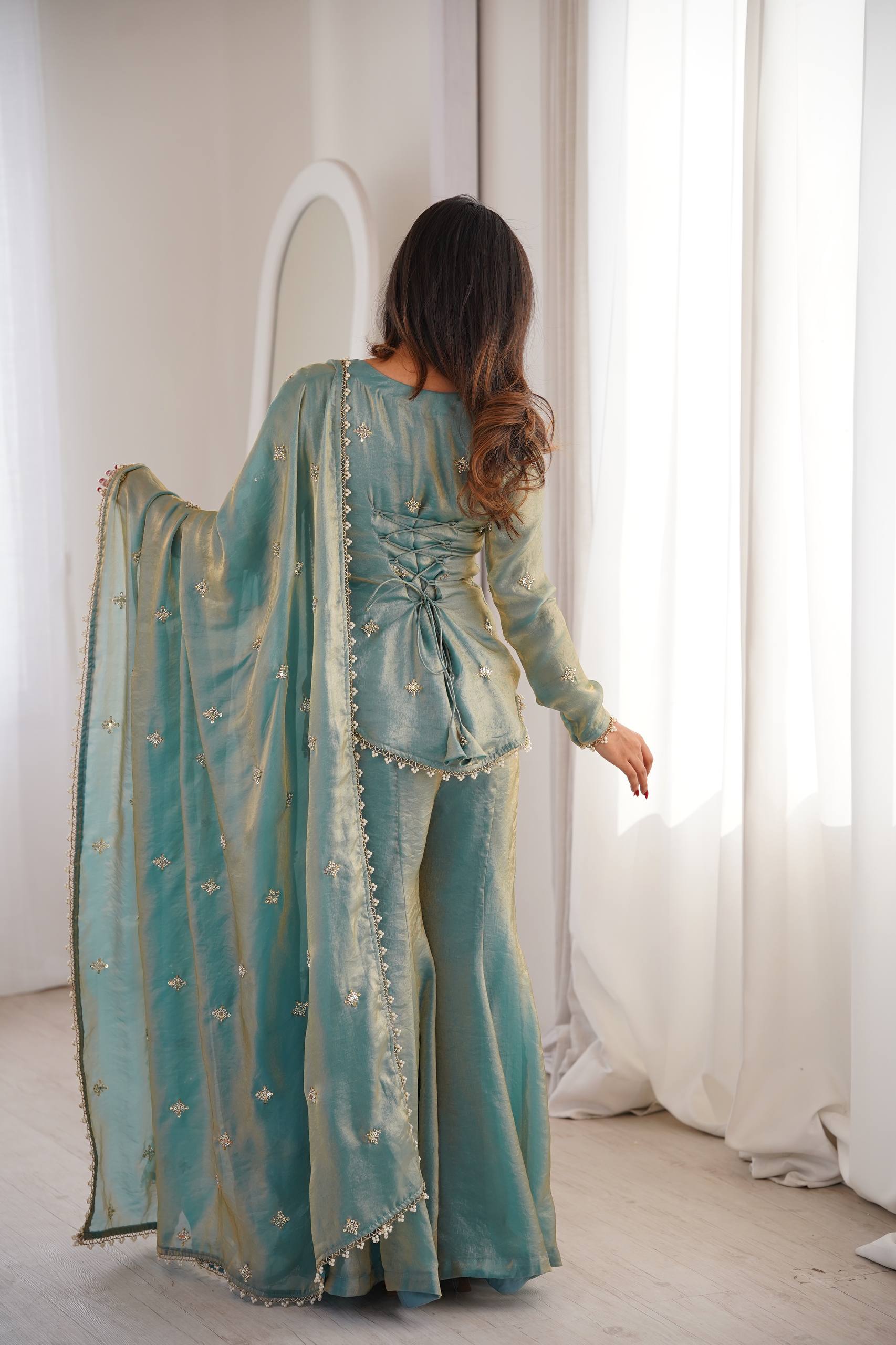 Designer Fendy Silk Top Sharara Palazzo Dupatta Set with Embroidery Sequence Work