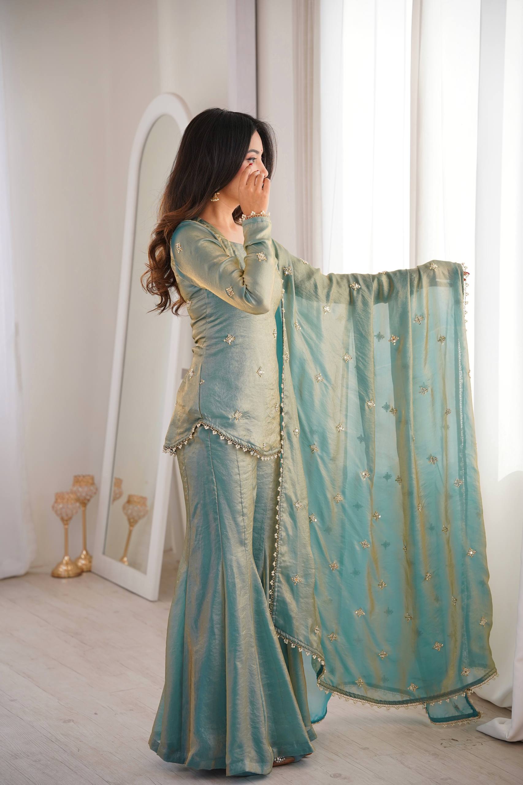 Designer Fendy Silk Top Sharara Palazzo Dupatta Set with Embroidery Sequence Work