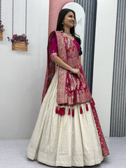 Premium Wedding Wear Lehenga Saree Combo with Jacquard & Shimmer Silk