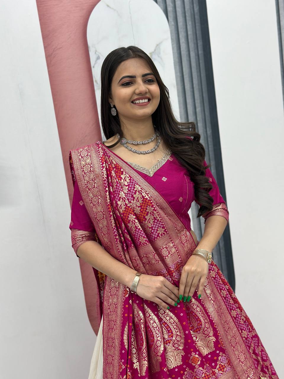 Premium Wedding Wear Lehenga Saree Combo with Jacquard & Shimmer Silk