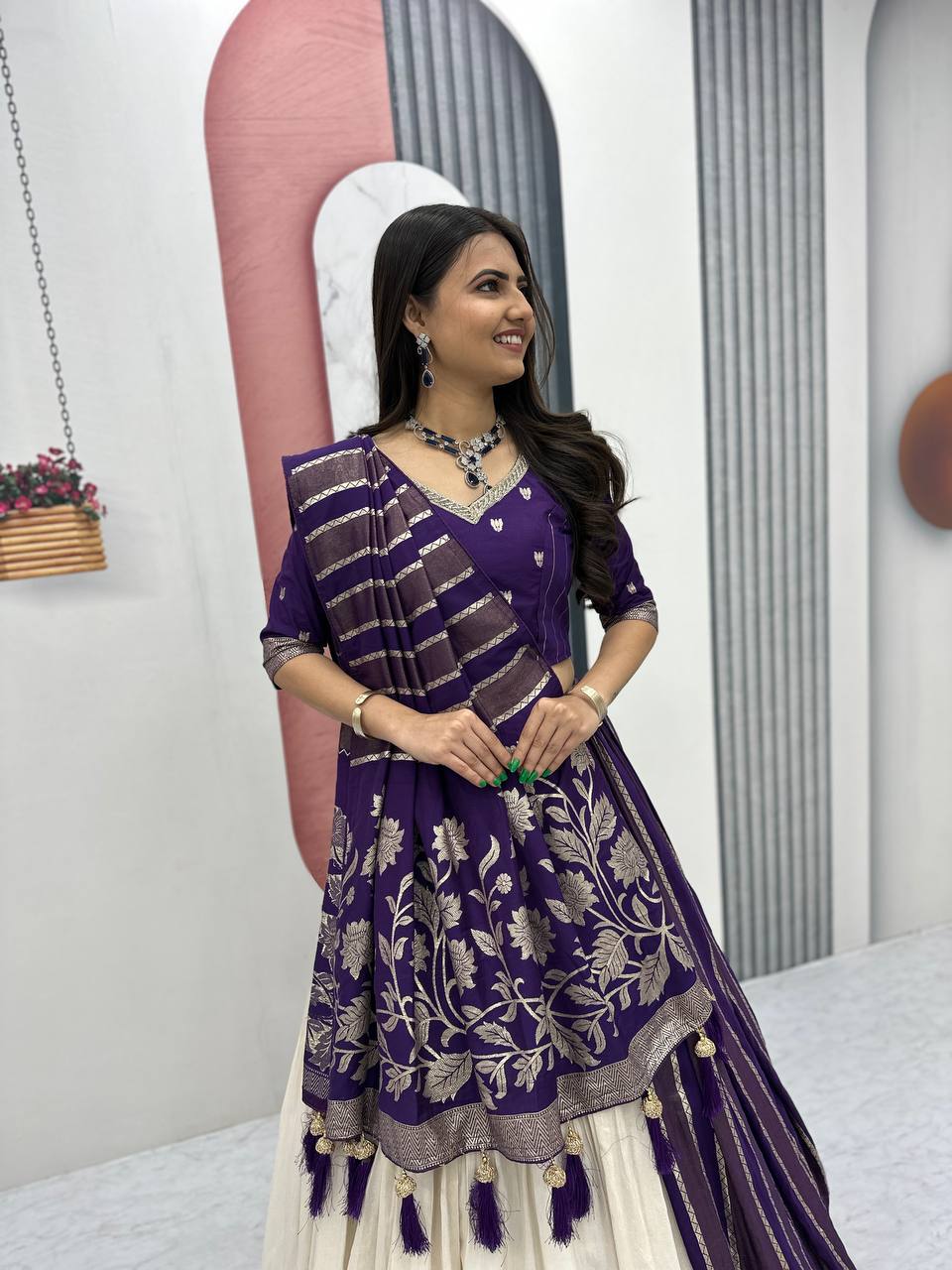 Premium Wedding Wear Lehenga Saree Combo with Jacquard & Shimmer Silk