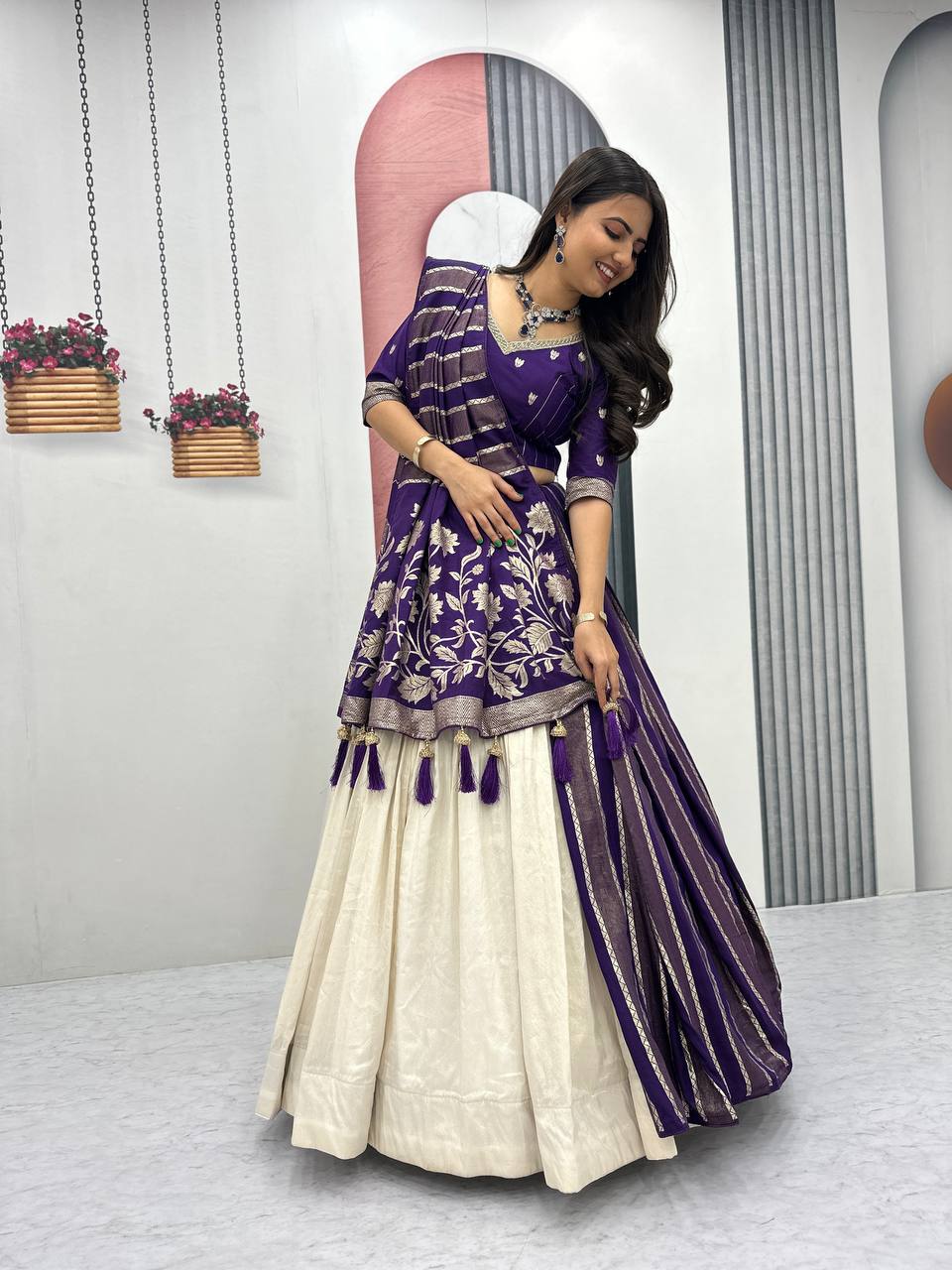 Premium Wedding Wear Lehenga Saree Combo with Jacquard & Shimmer Silk