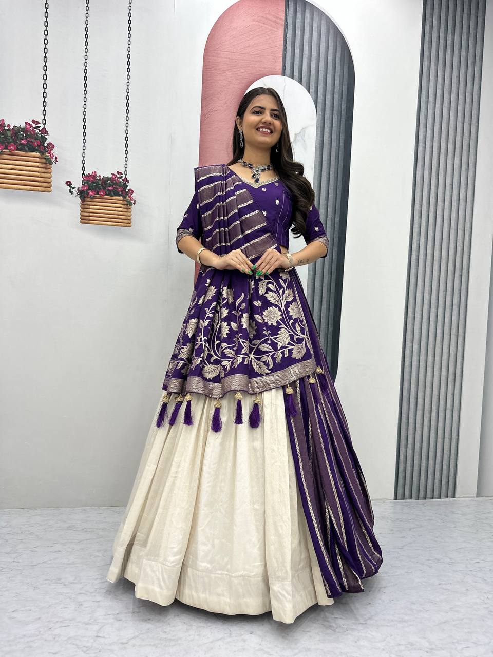 Premium Wedding Wear Lehenga Saree Combo with Jacquard & Shimmer Silk