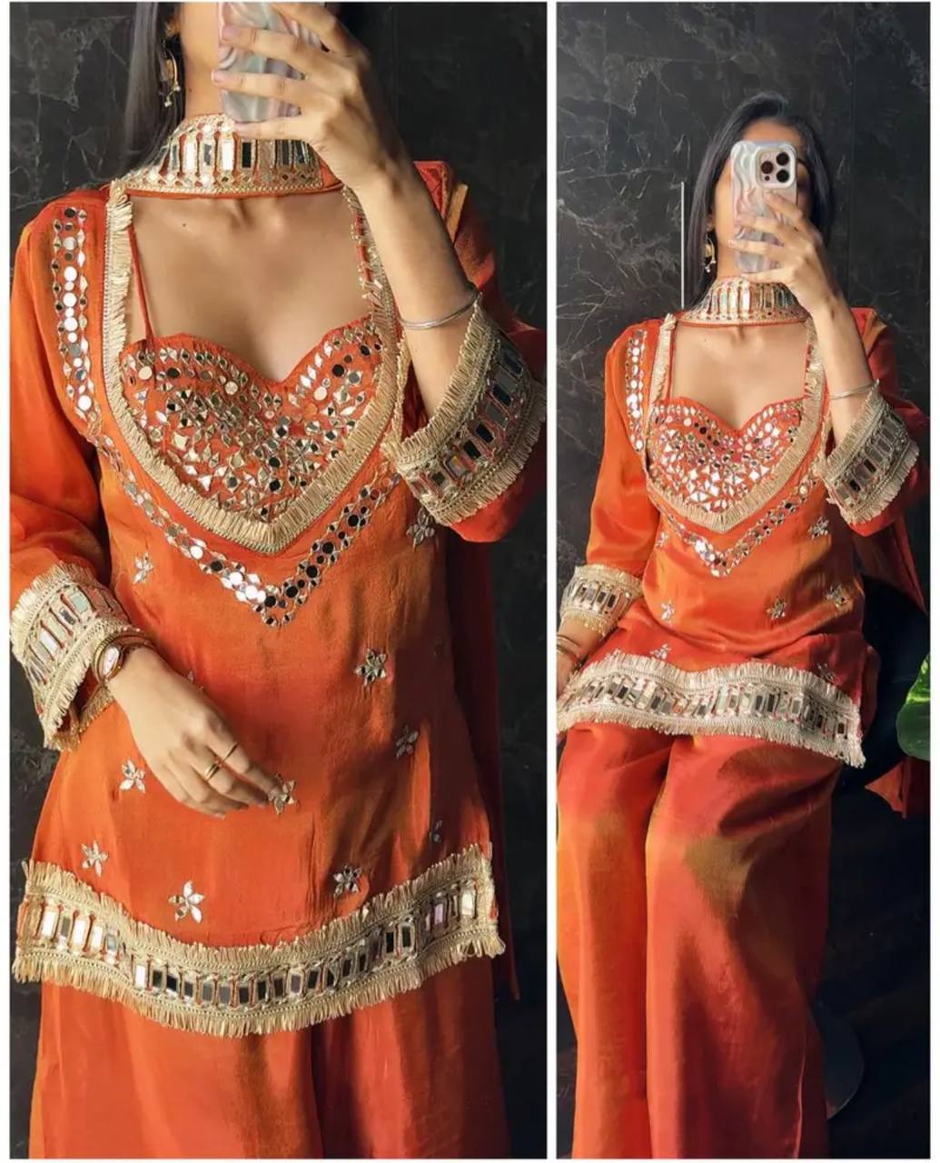 Premium Fendy Silk Mirror Work Top Sharara Set – Ready to Wear