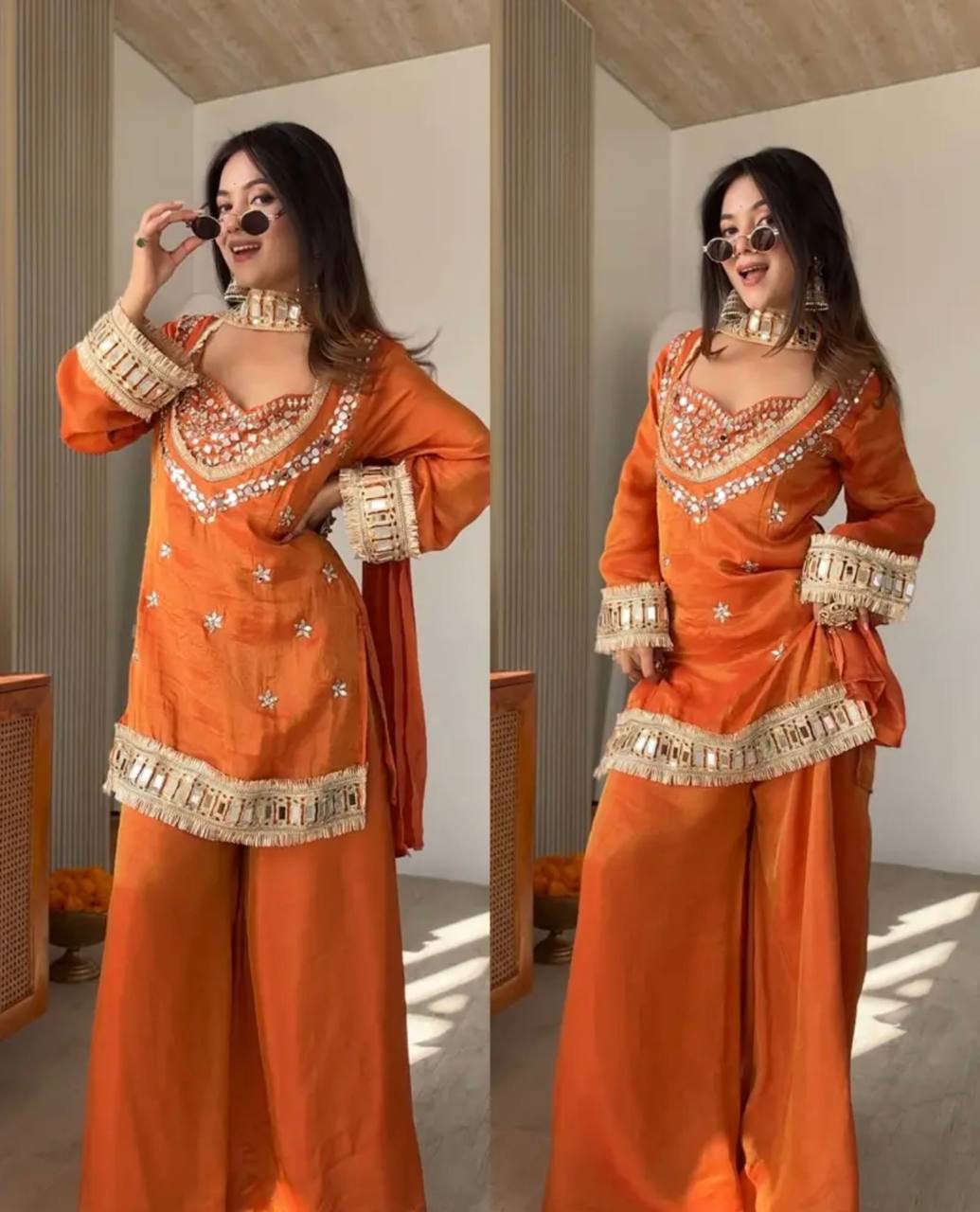 Premium Fendy Silk Mirror Work Top Sharara Set – Ready to Wear